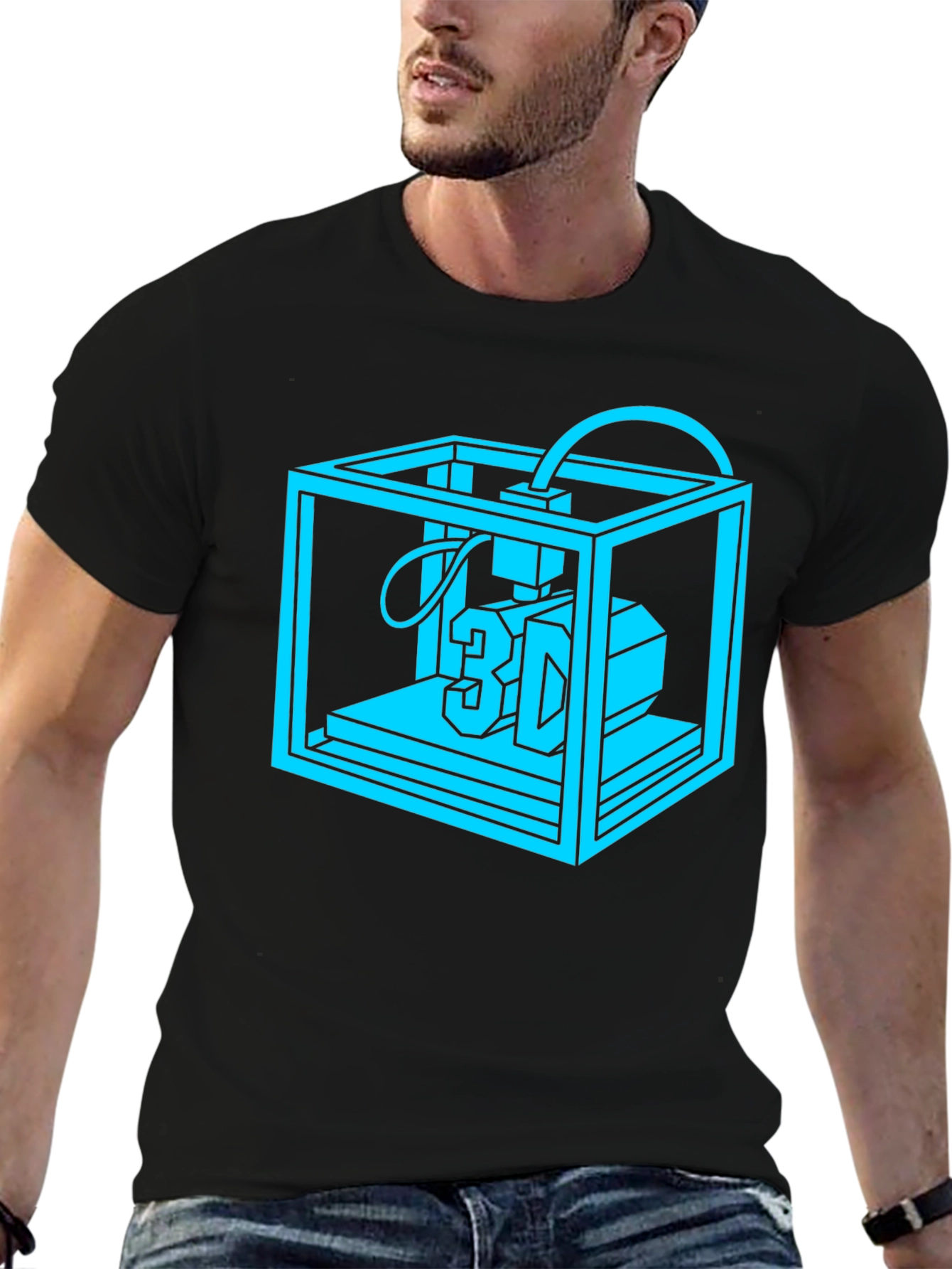 3D Printer Graphic Tee - Black Cotton Casual Shirt