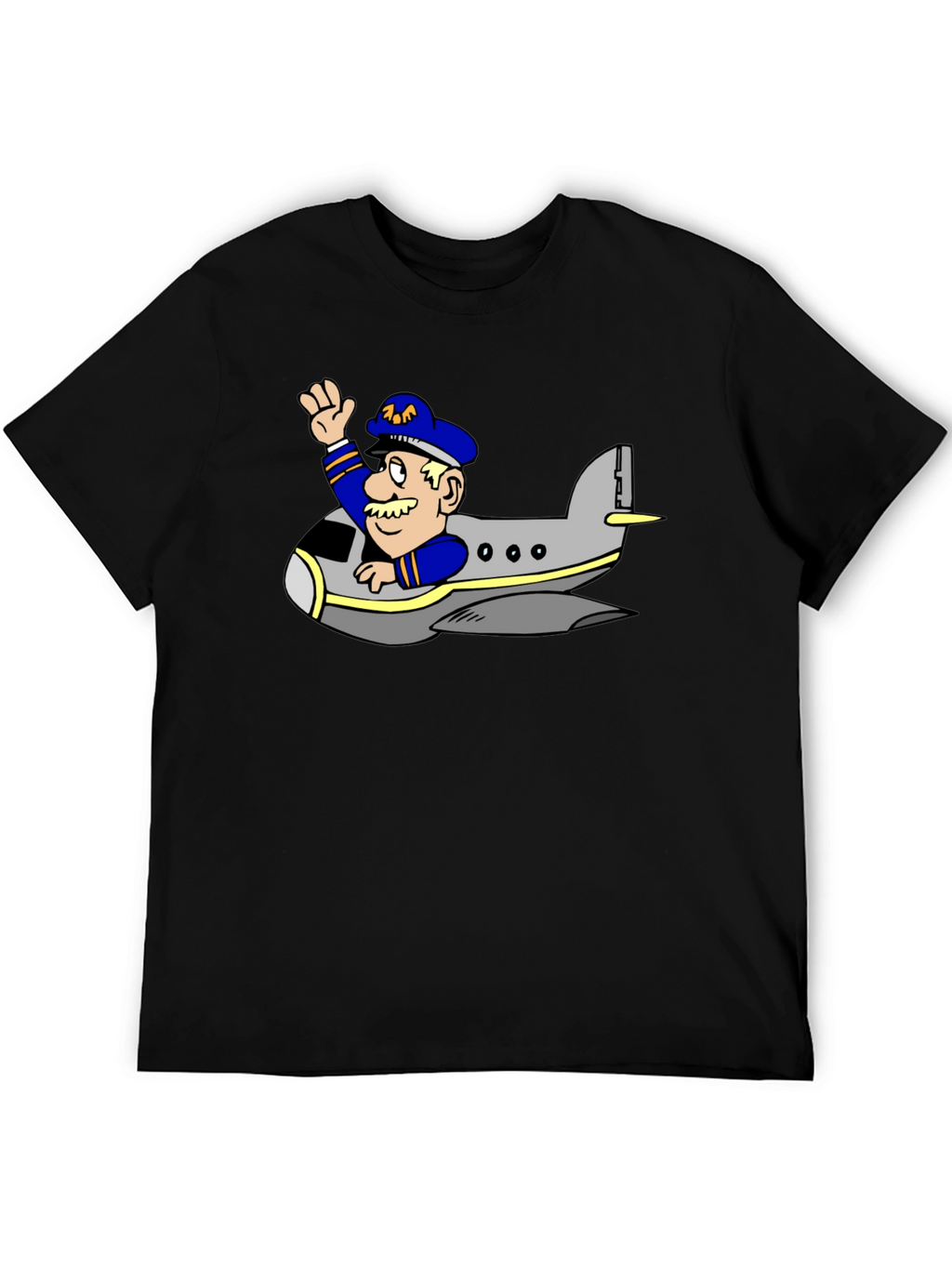 Pilot in Plane Cartoon Black T-Shirt