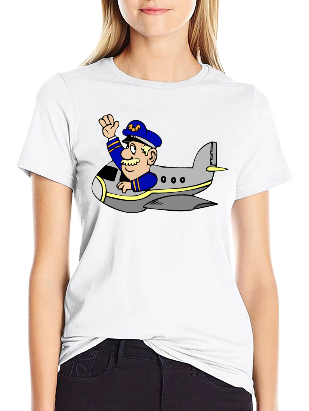 Pilot in Plane Cartoon Black T-Shirt