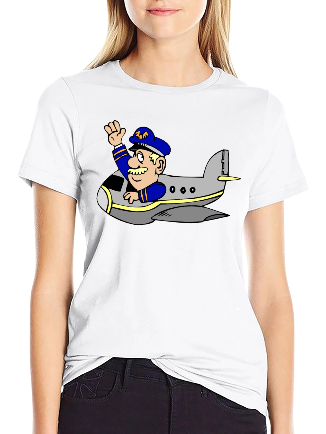 Pilot in Plane Cartoon Black T-Shirt