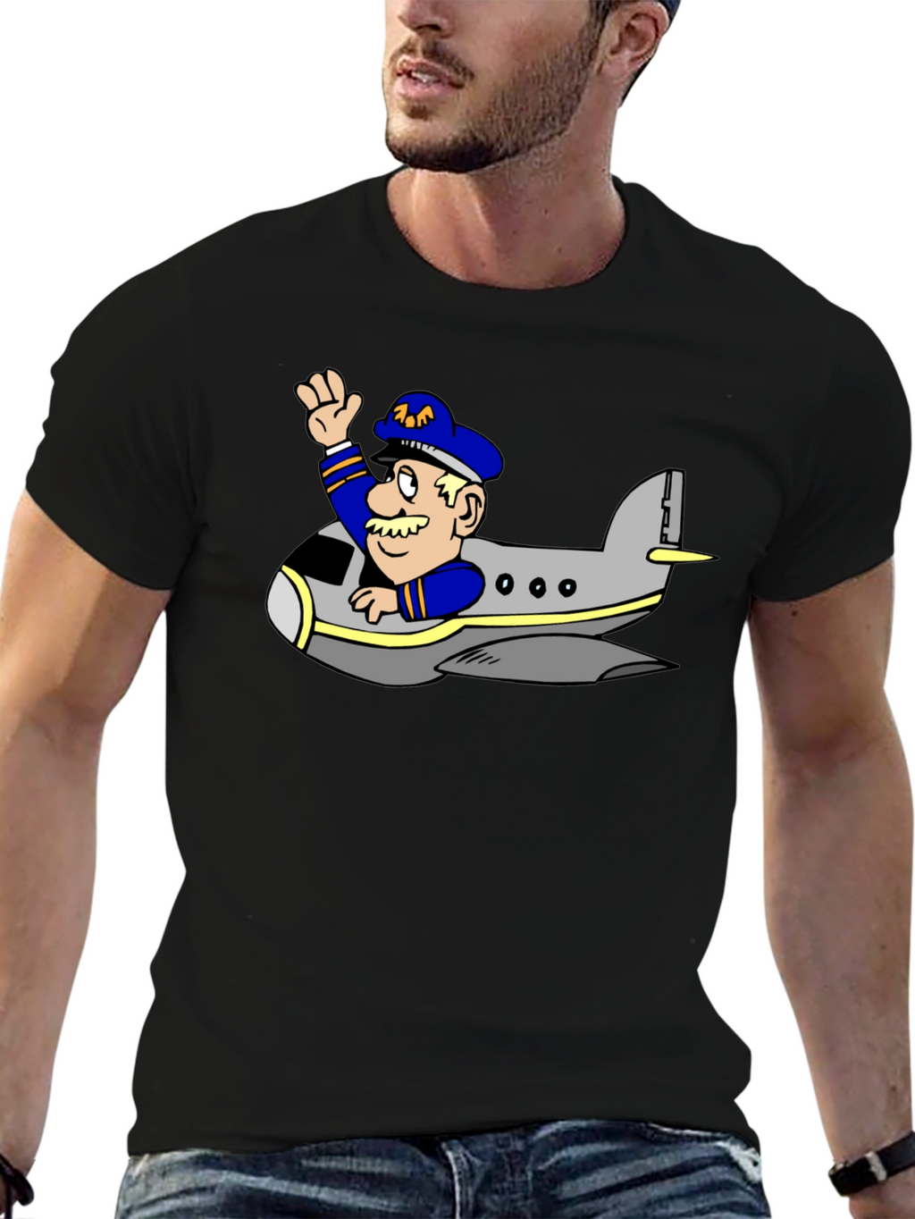 Pilot in Plane Cartoon Black T-Shirt