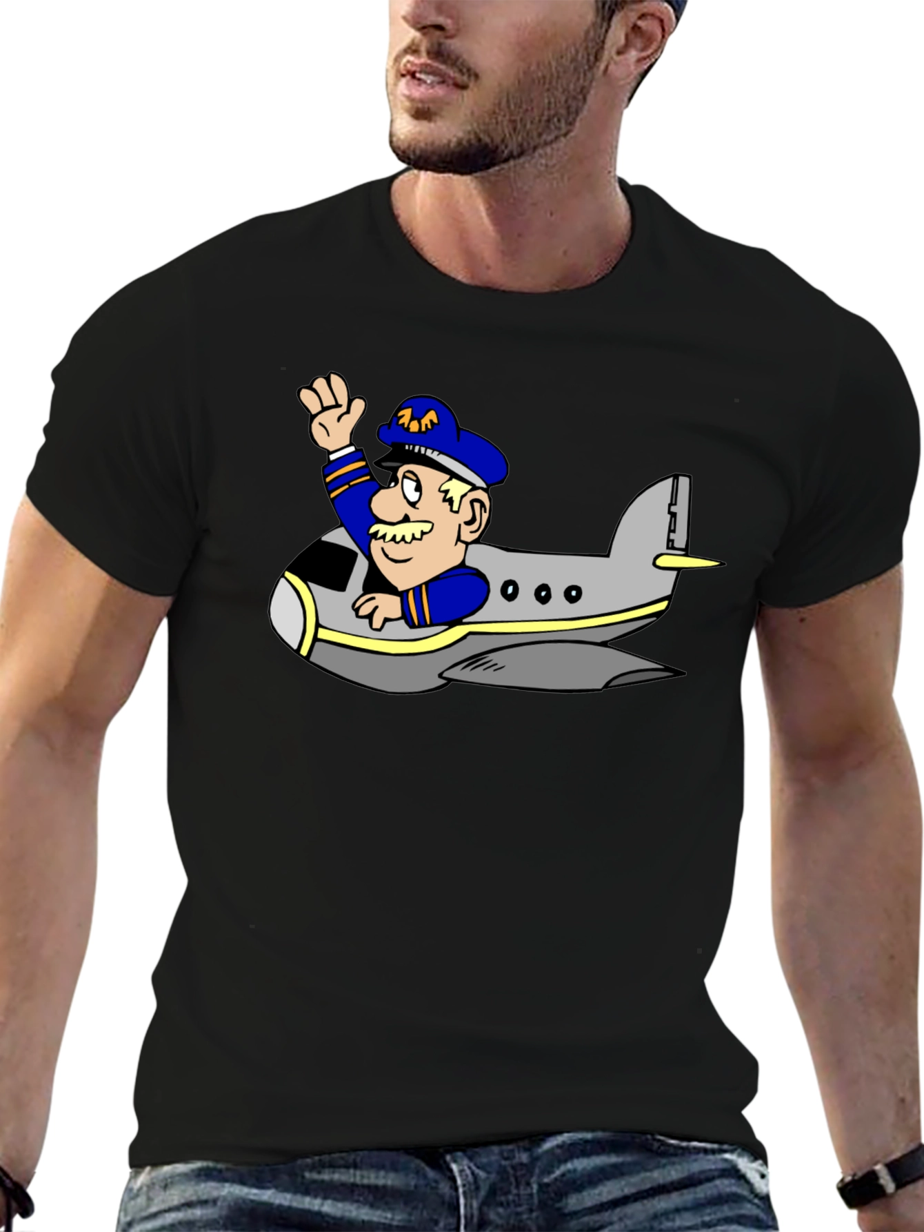 Pilot in Plane Cartoon Black T-Shirt