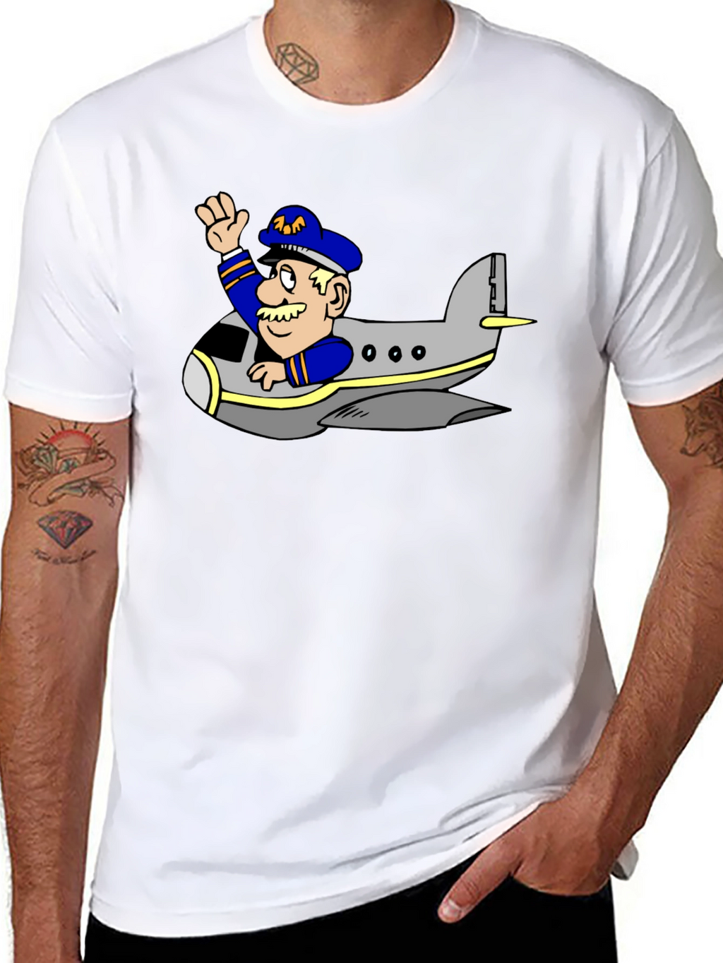 Pilot in Plane Cartoon Black T-Shirt