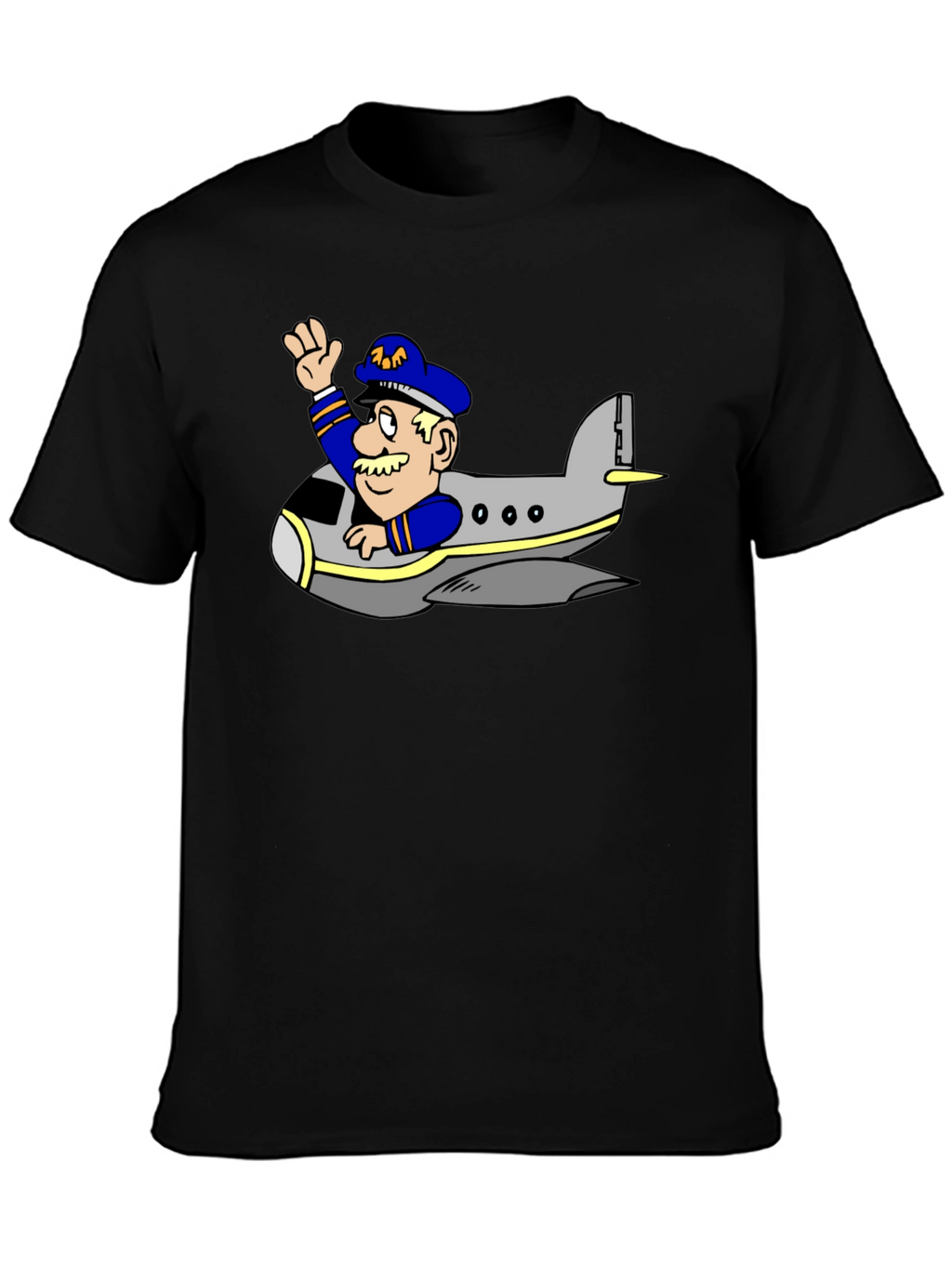 Pilot in Plane Cartoon Black T-Shirt