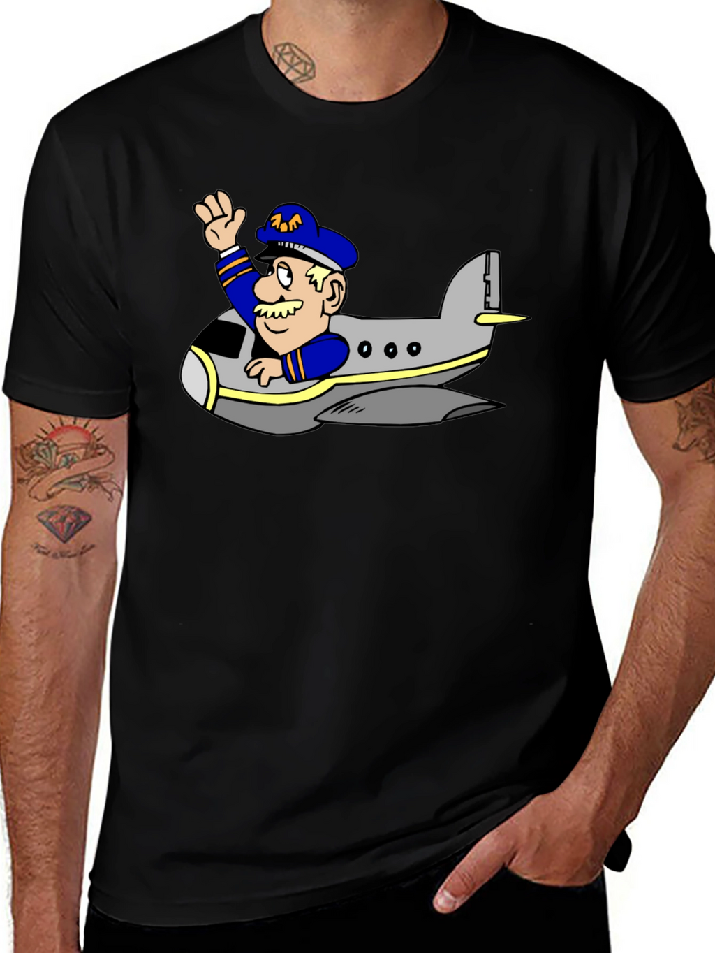 Pilot in Plane Cartoon Black T-Shirt