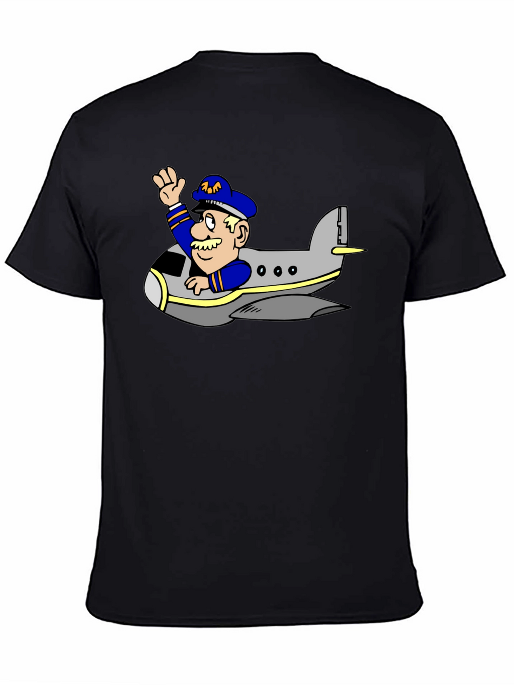 Pilot in Plane Cartoon Black T-Shirt