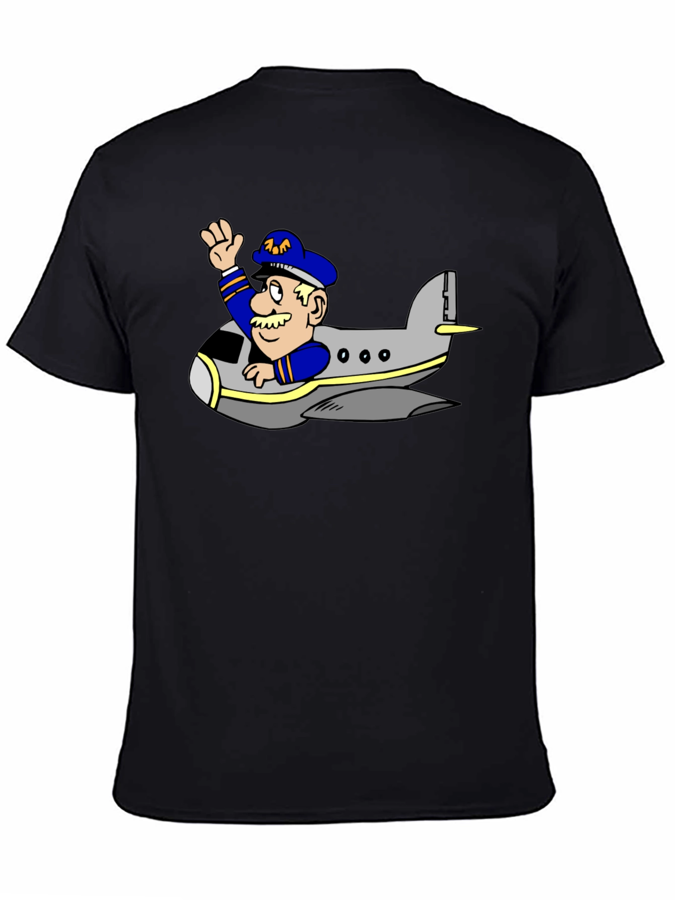 Pilot in Plane Cartoon Black T-Shirt