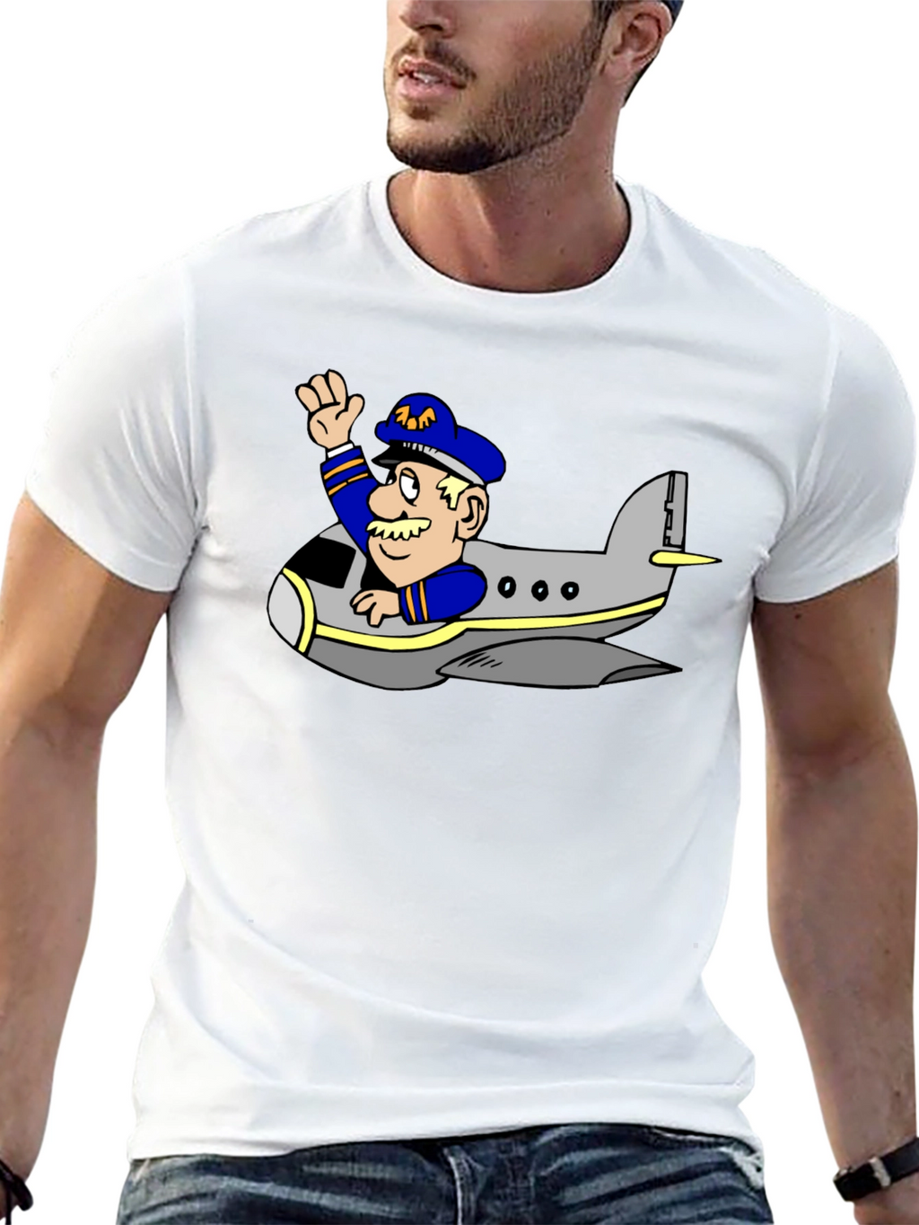 Pilot in Plane Cartoon Black T-Shirt