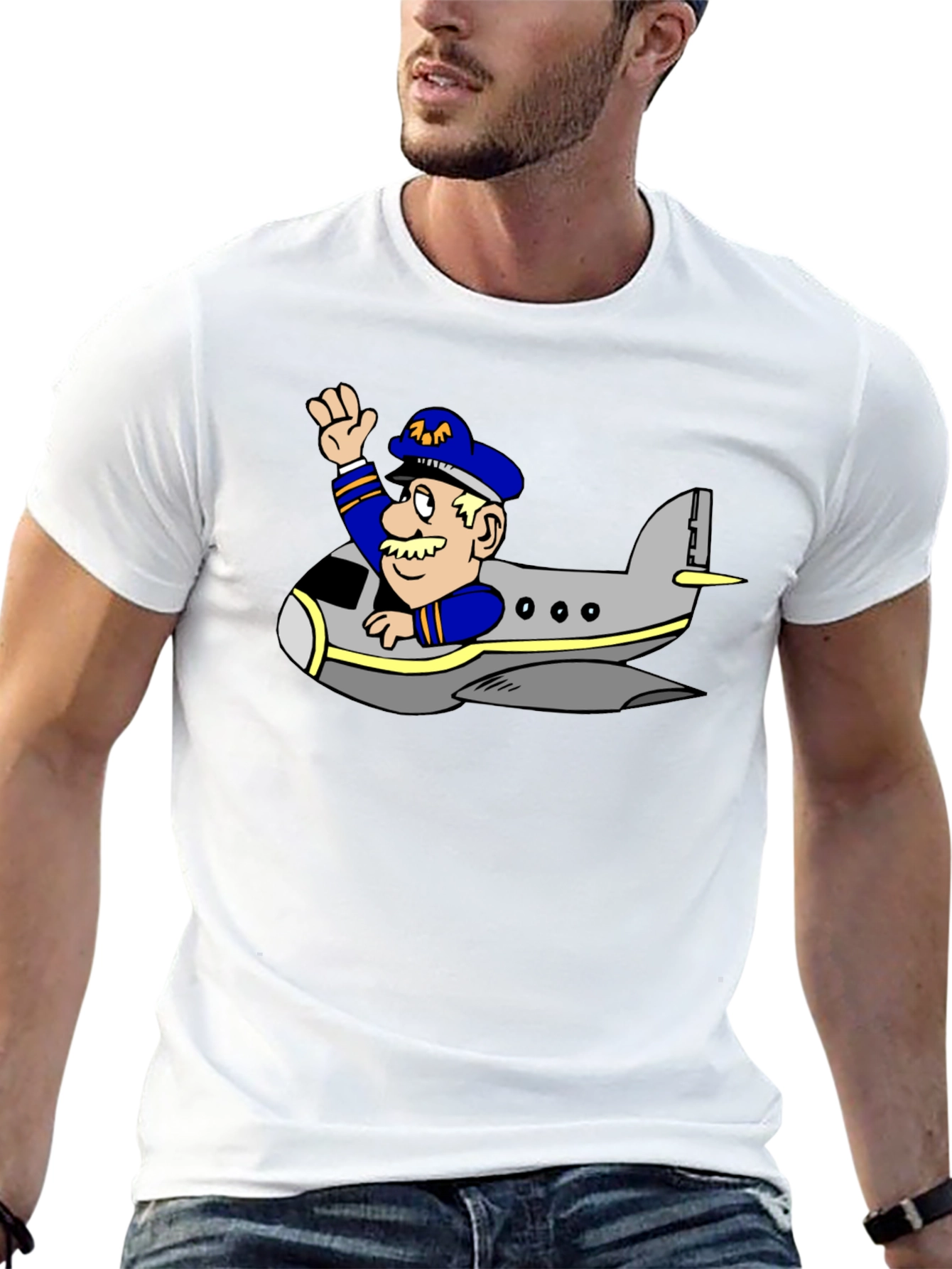 Pilot in Plane Cartoon Black T-Shirt