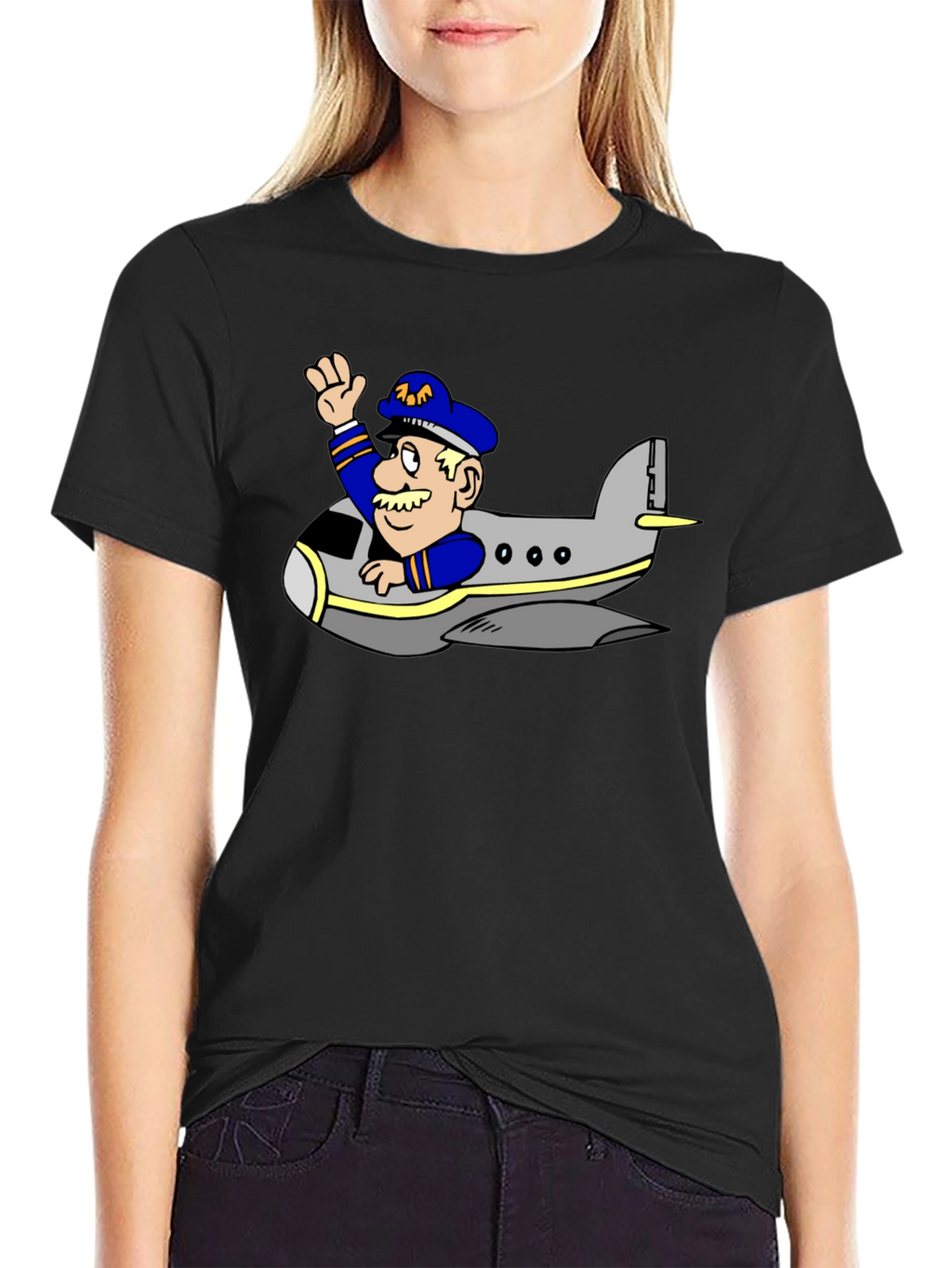 Pilot in Plane Cartoon Black T-Shirt