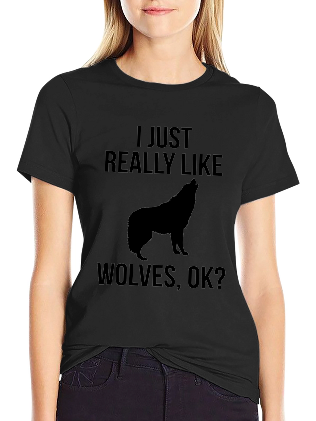 I Just Really Like Wolves Black Graphic Tee