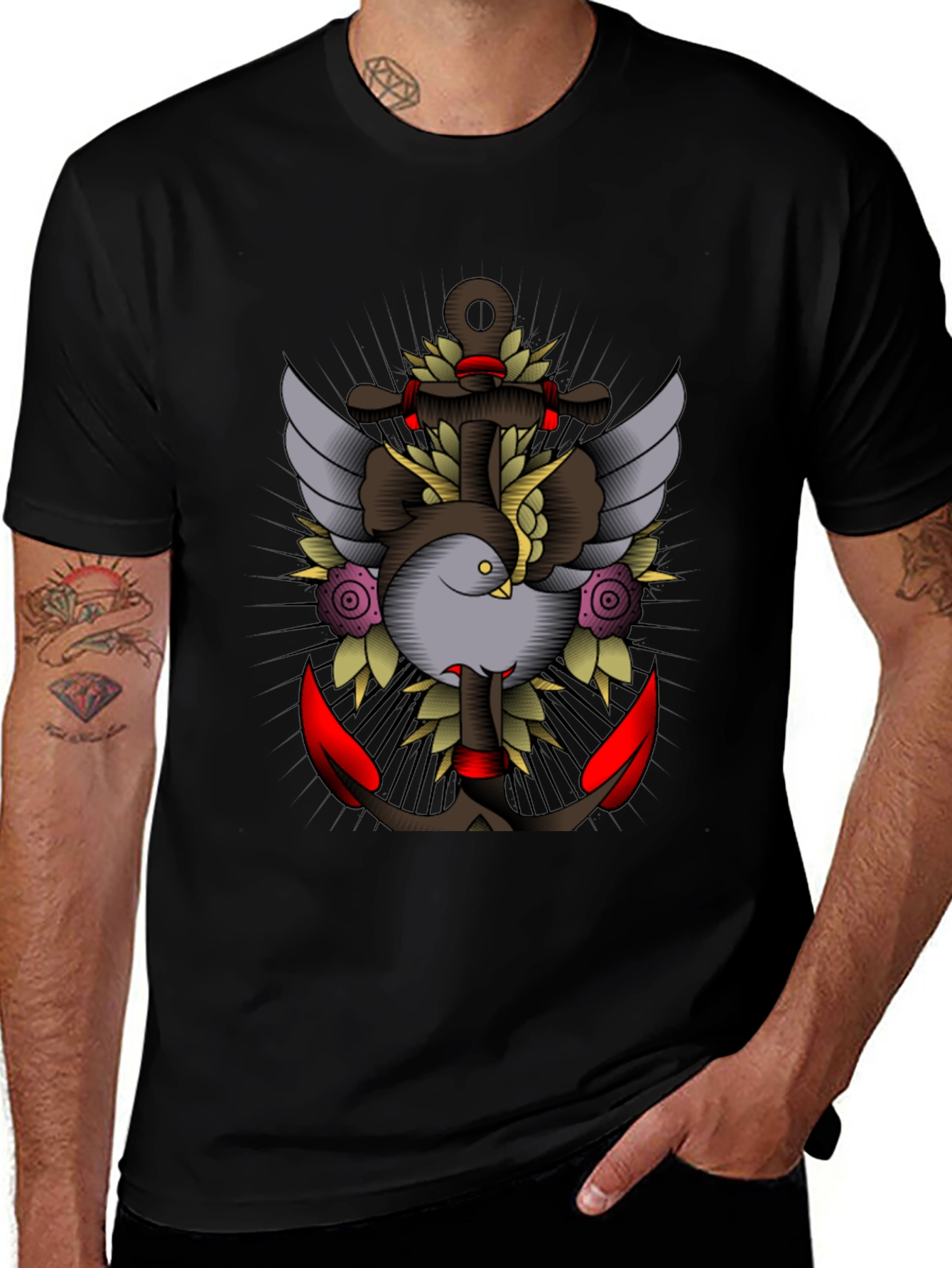 Nautical Tattoo Graphic Black Tee - Anchor & Dove Design