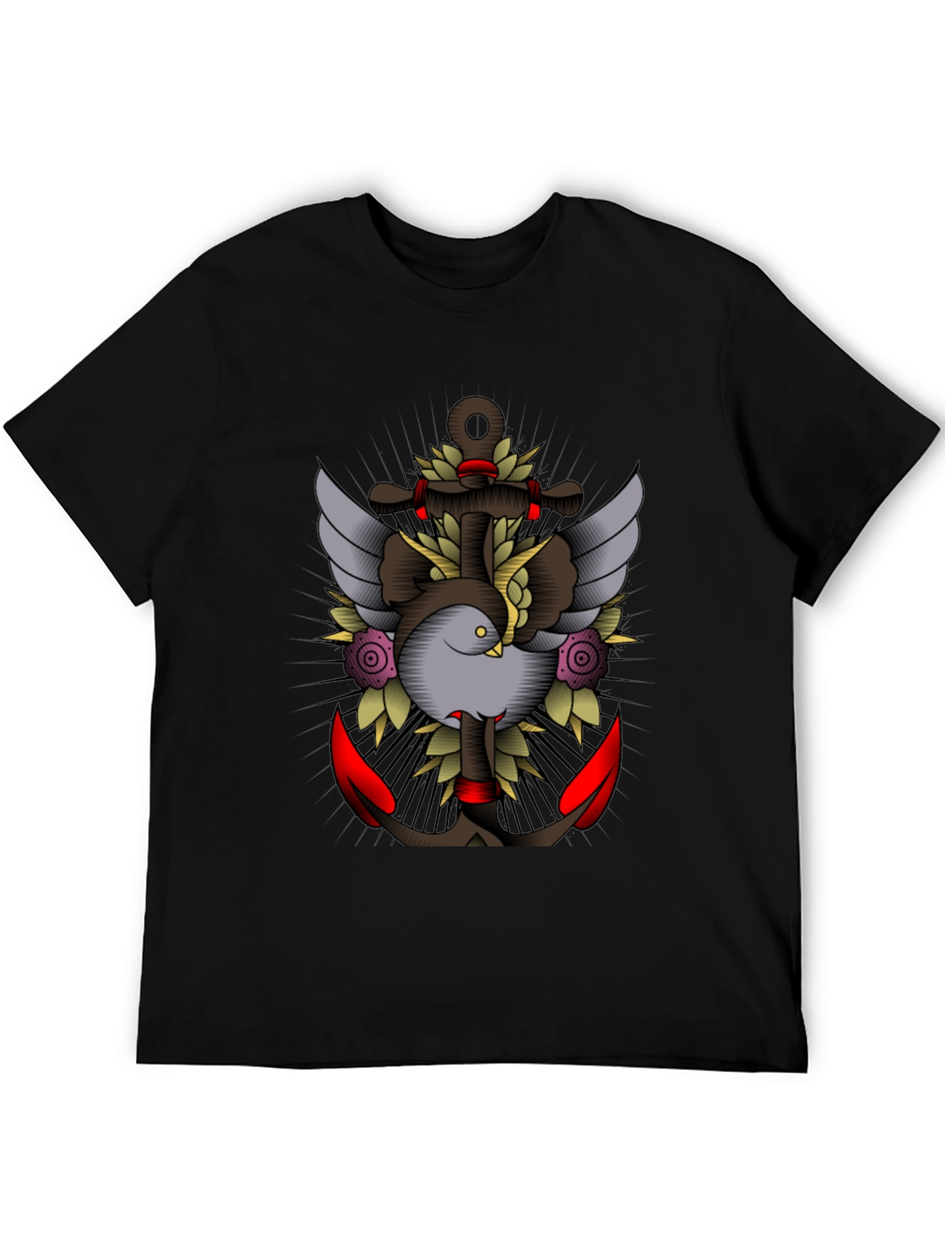 Nautical Tattoo Graphic Black Tee - Anchor & Dove Design
