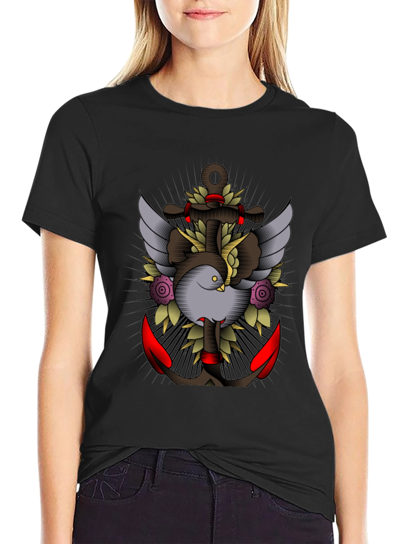 Nautical Tattoo Graphic Black Tee - Anchor & Dove Design
