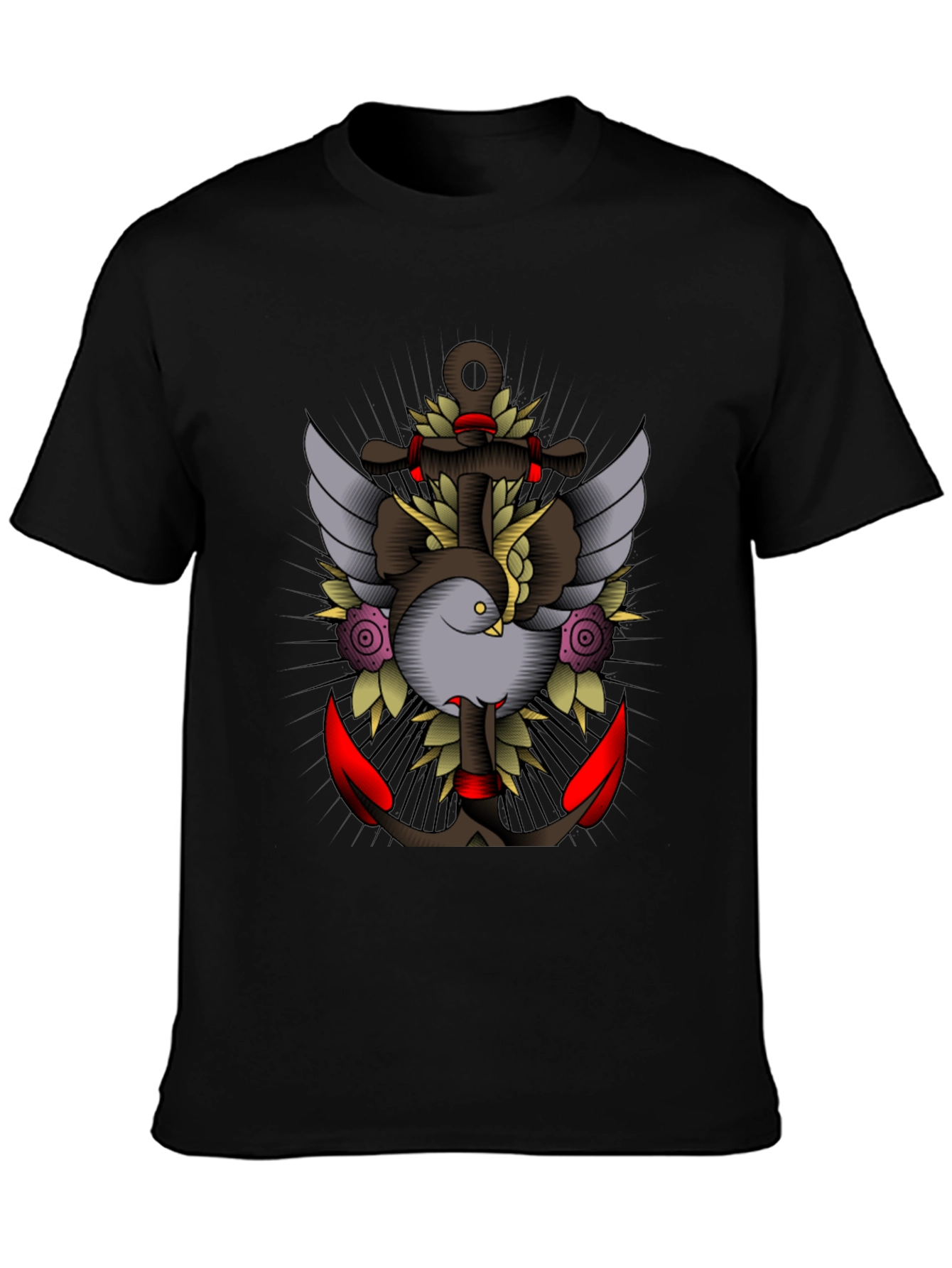 Nautical Tattoo Graphic Black Tee - Anchor & Dove Design