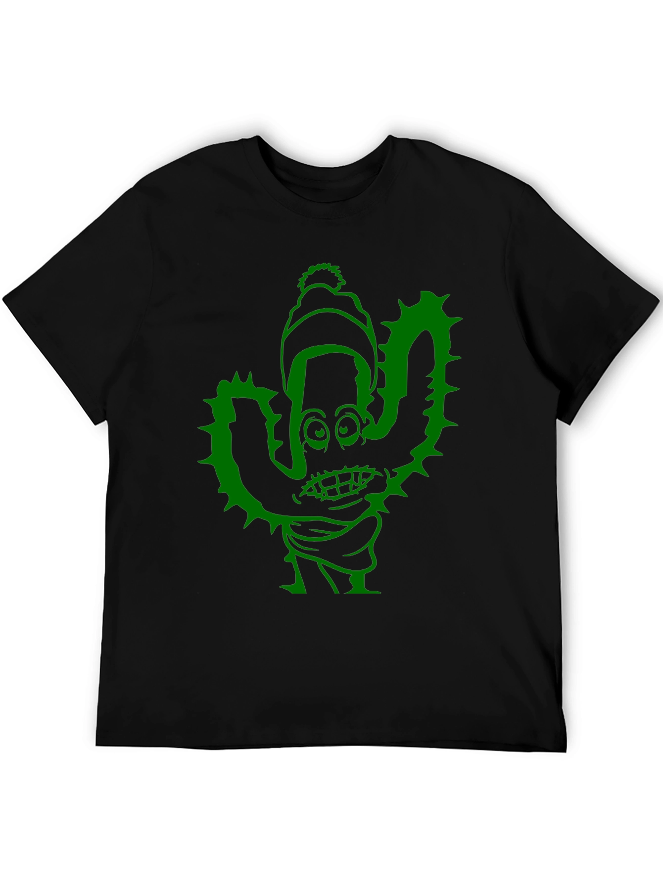 Cactus Cartoon Graphic Tee - Black Cotton T-Shirt