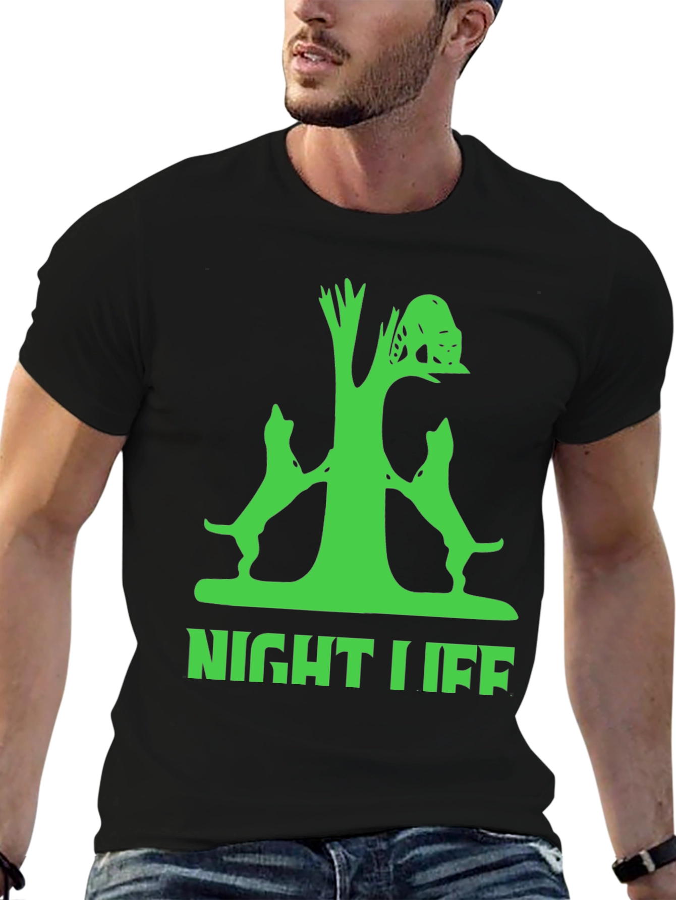 Night Life Tree & Dogs Graphic Tee - Black Cotton