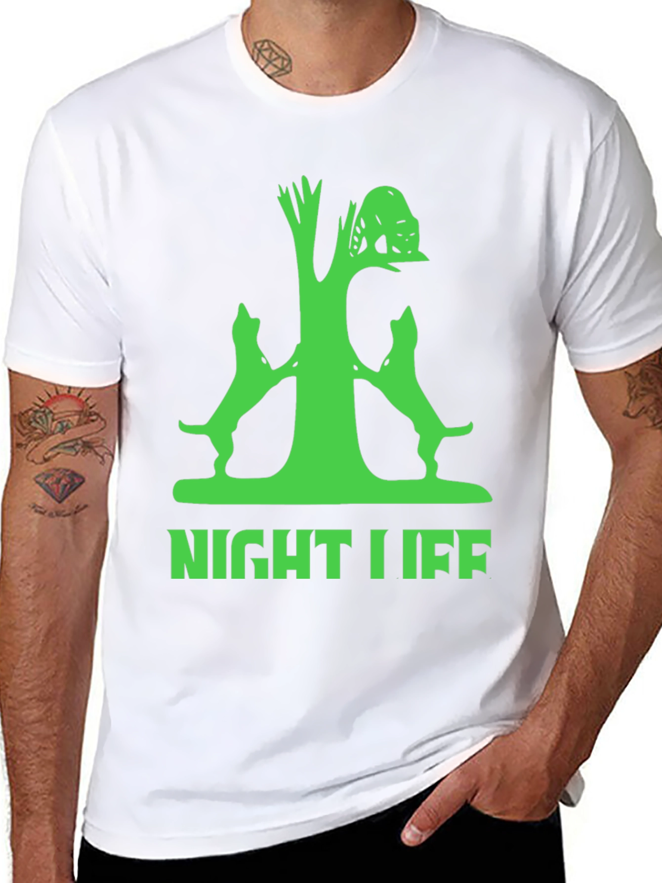 Night Life Tree & Dogs Graphic Tee - Black Cotton
