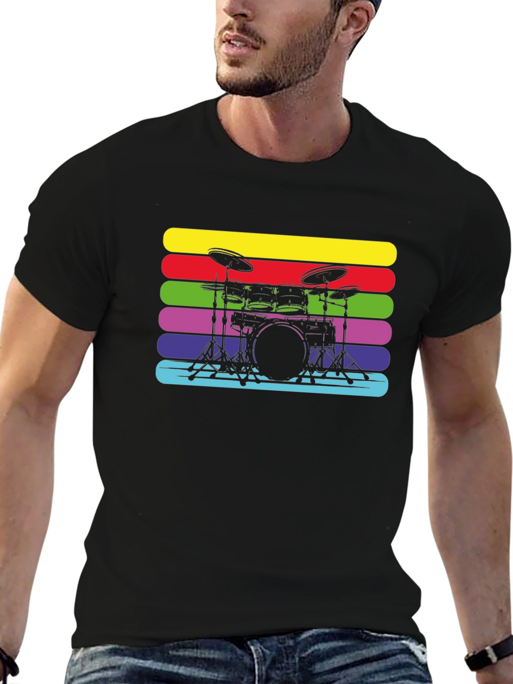 Retro Drum Set Black T-Shirt