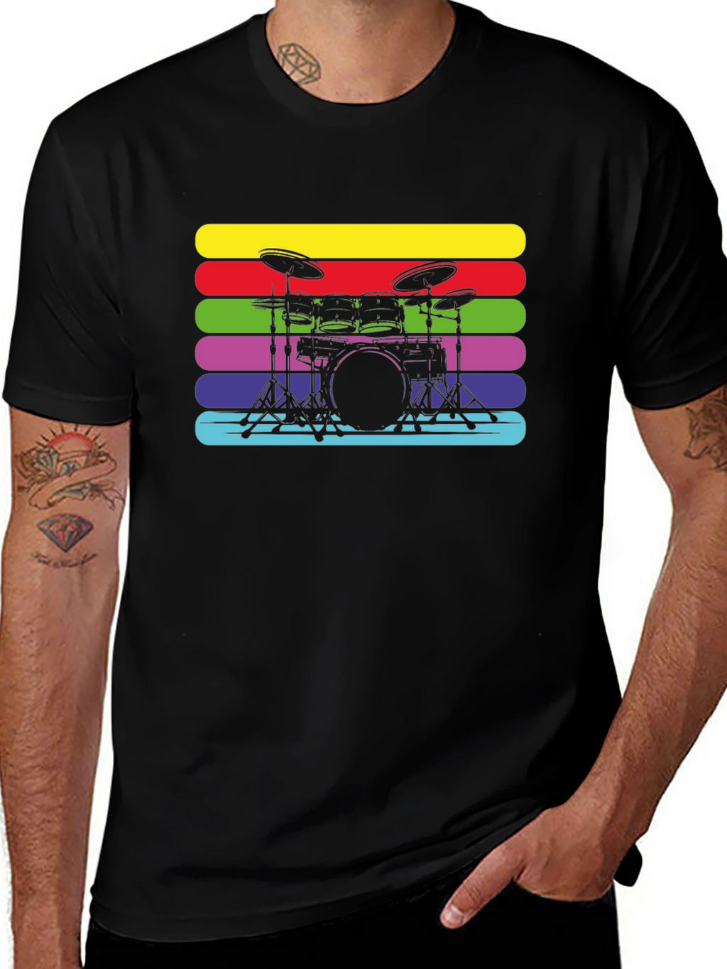 Retro Drum Set Black T-Shirt