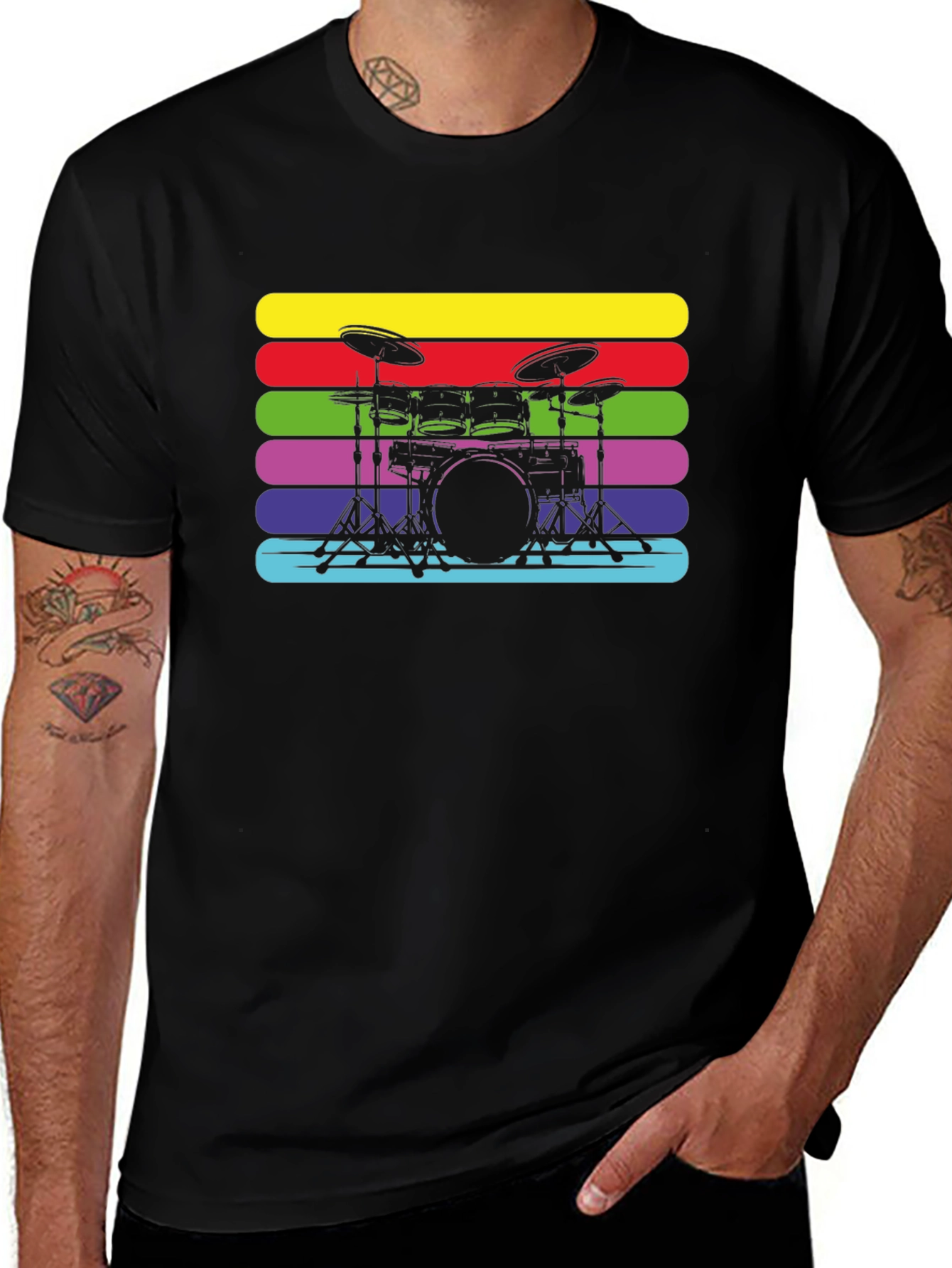 Retro Drum Set Black T-Shirt