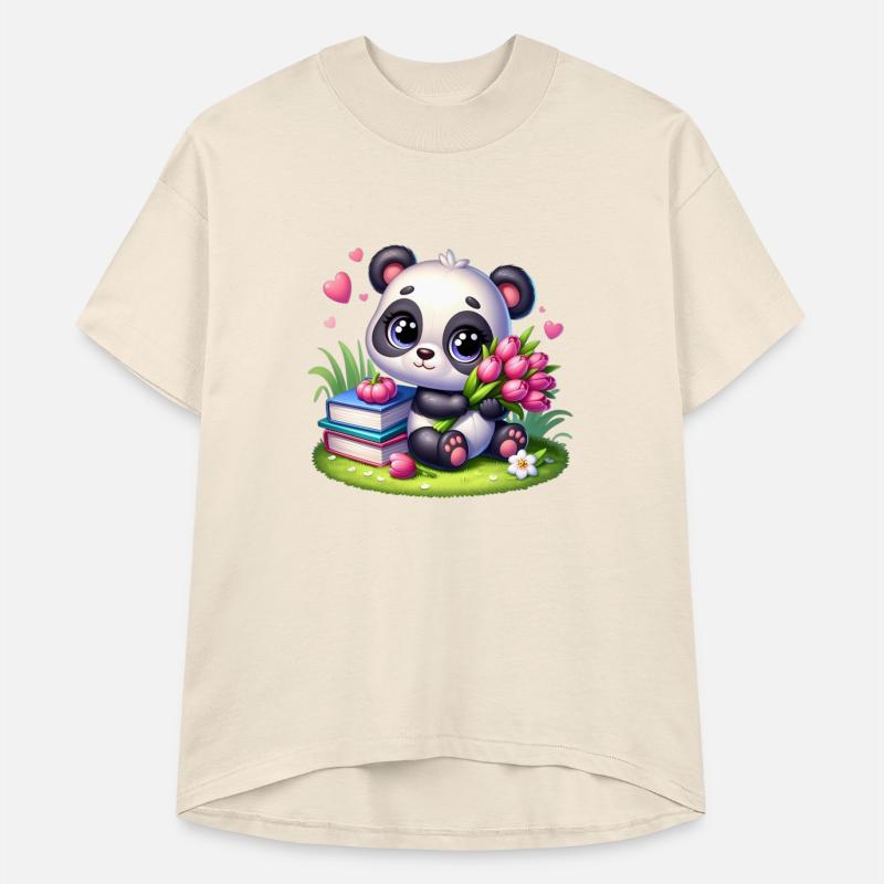 Adorable Panda with Tulips and Books