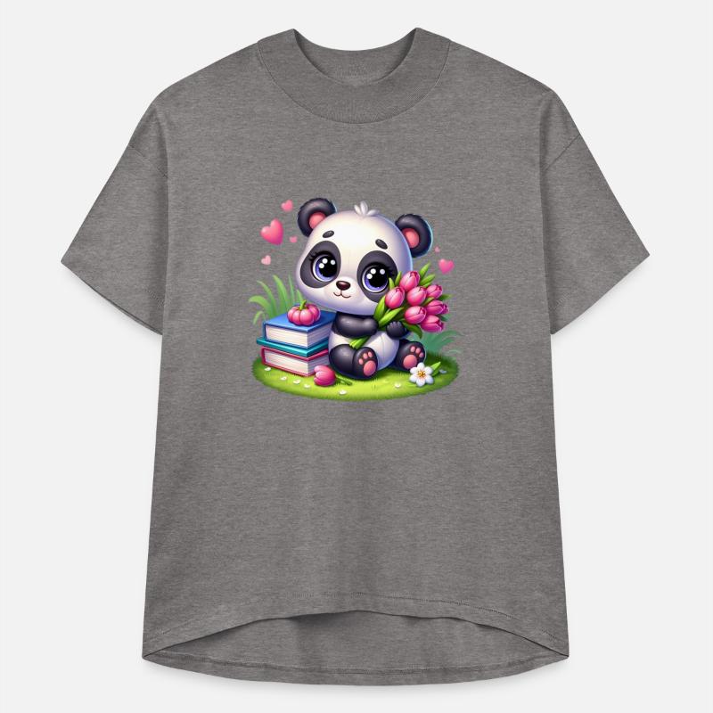 Adorable Panda with Tulips and Books