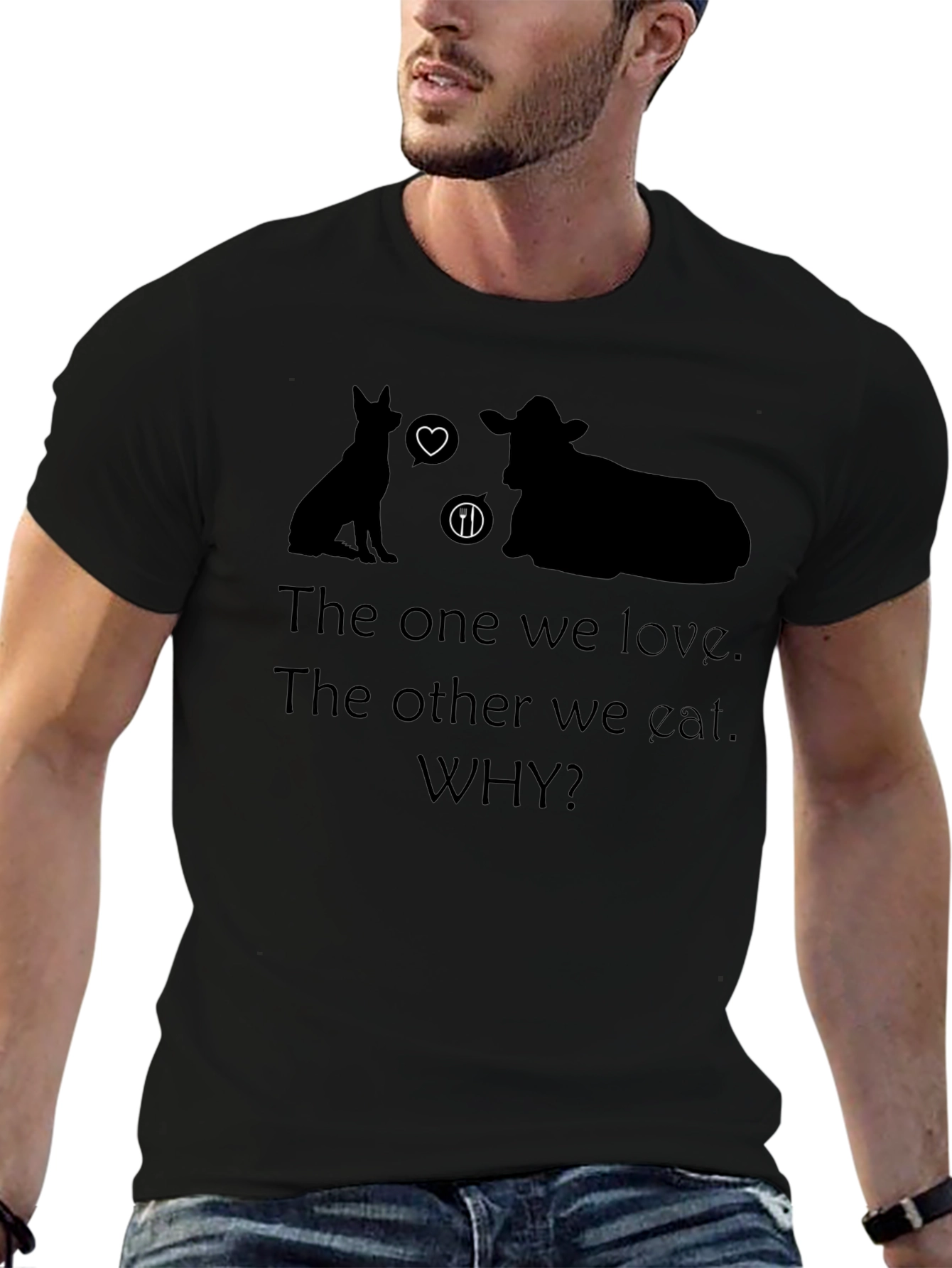 Vegan Why T-Shirt - Love Dogs Not Cows