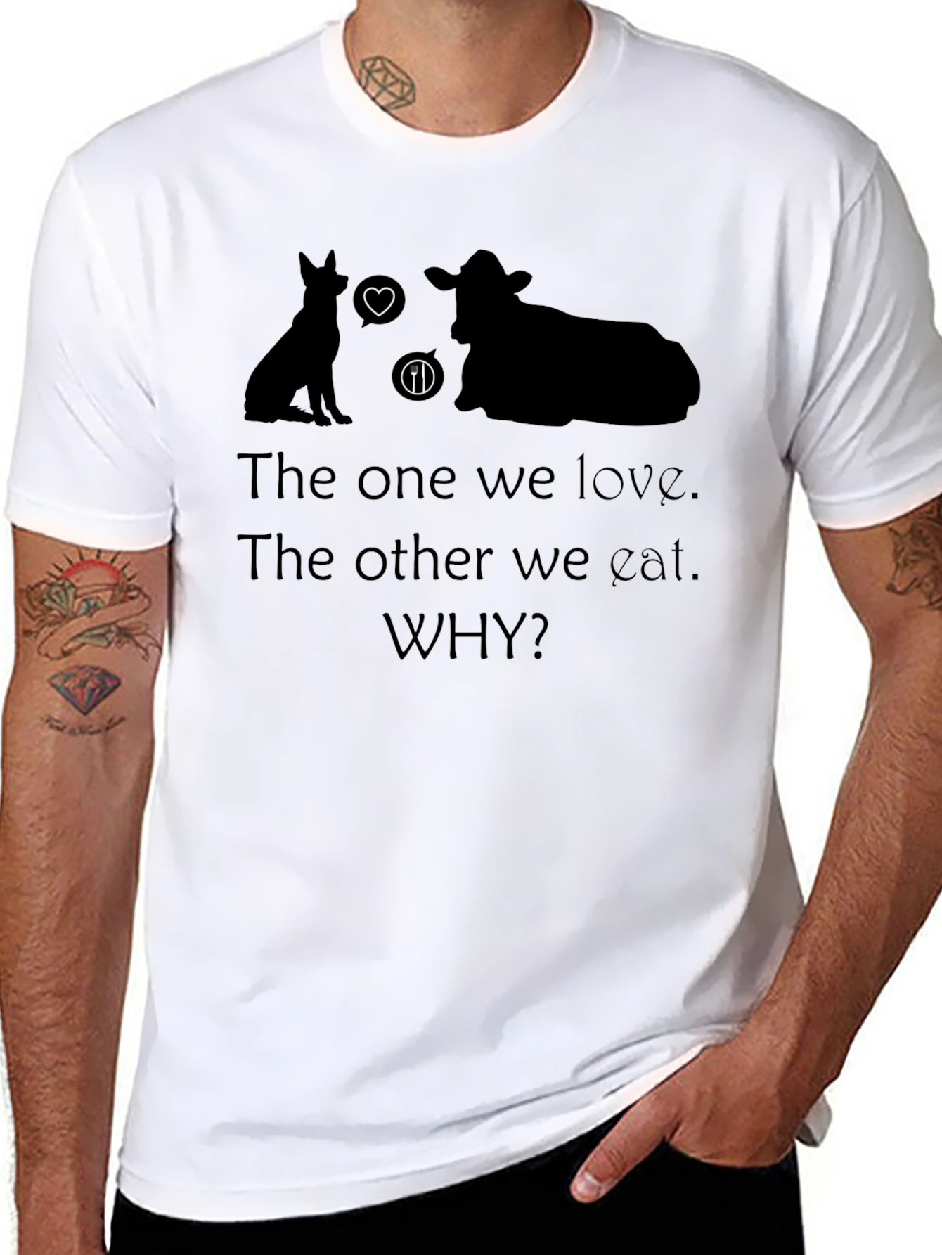 Vegan Why T-Shirt - Love Dogs Not Cows
