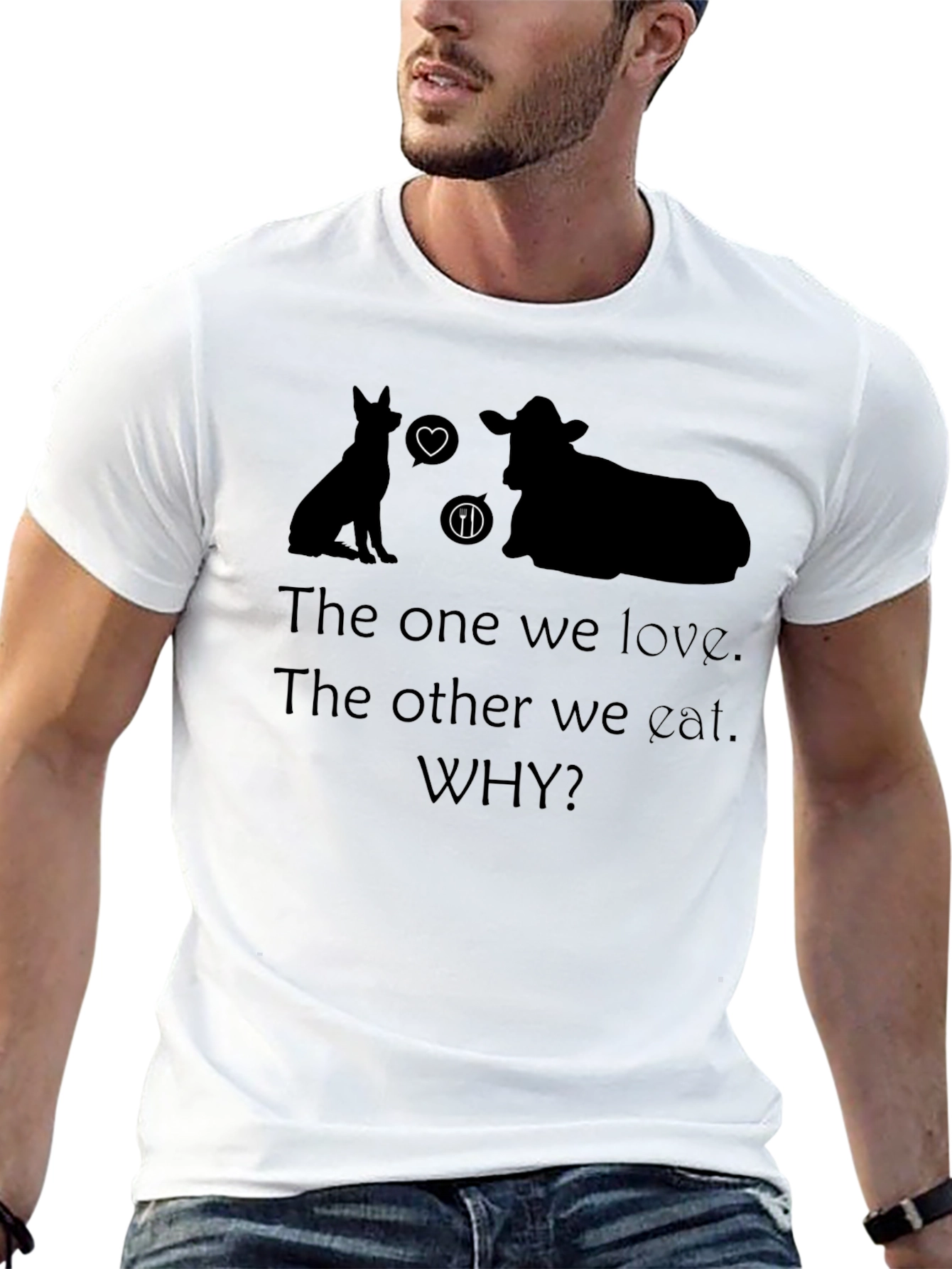 Vegan Why T-Shirt - Love Dogs Not Cows