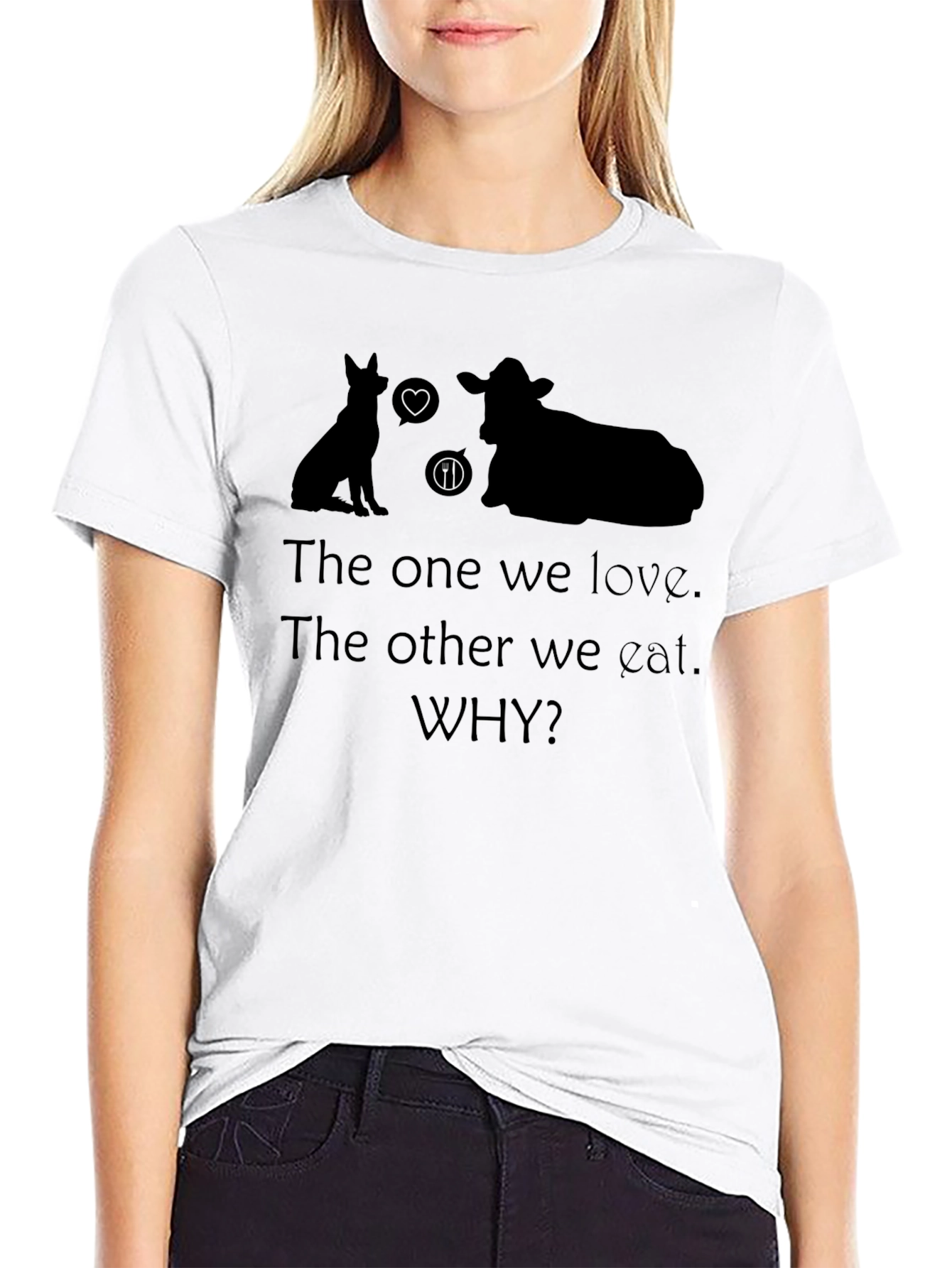Vegan Why T-Shirt - Love Dogs Not Cows