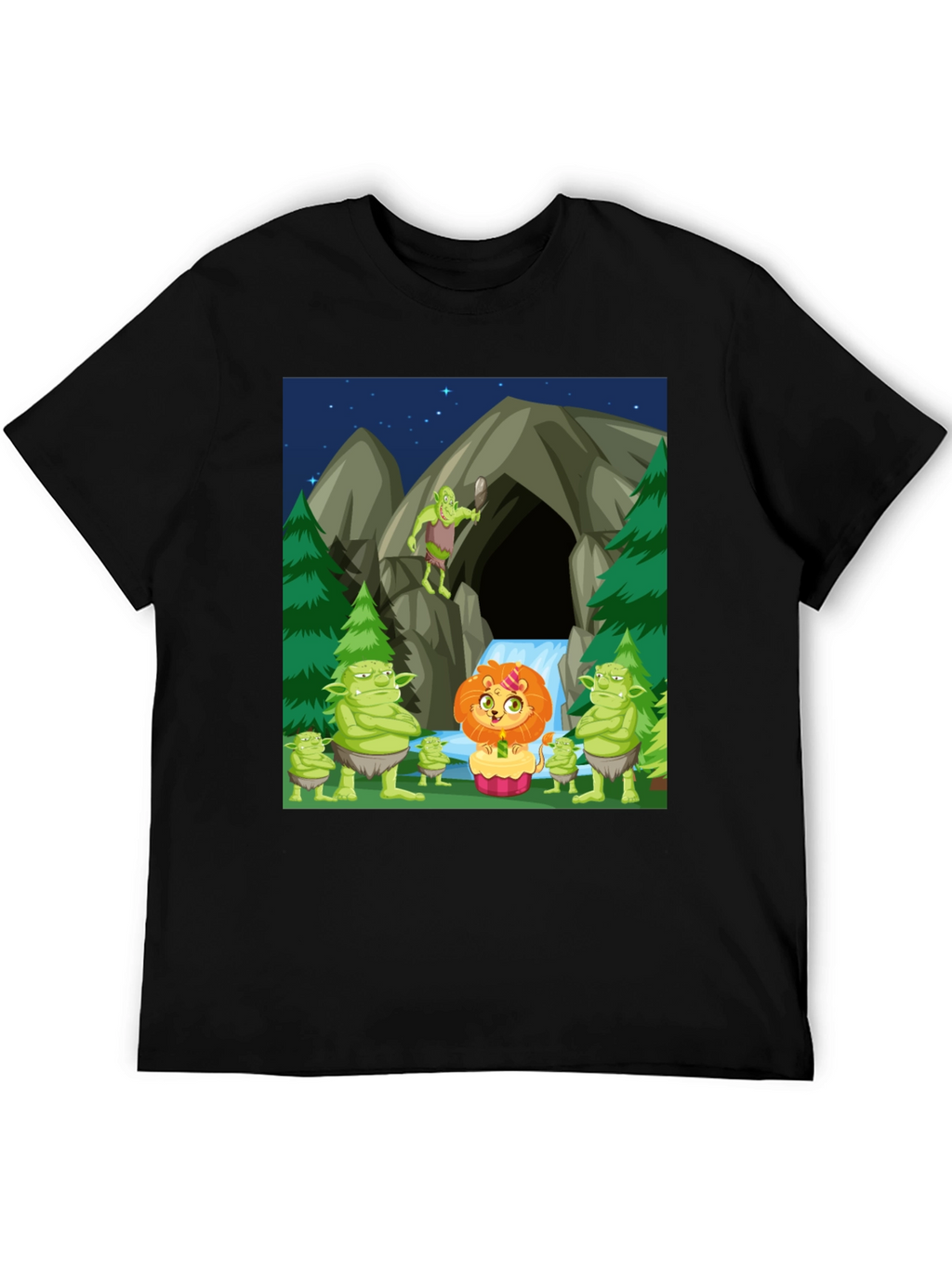 Cartoon Lion & Trolls Black T-Shirt