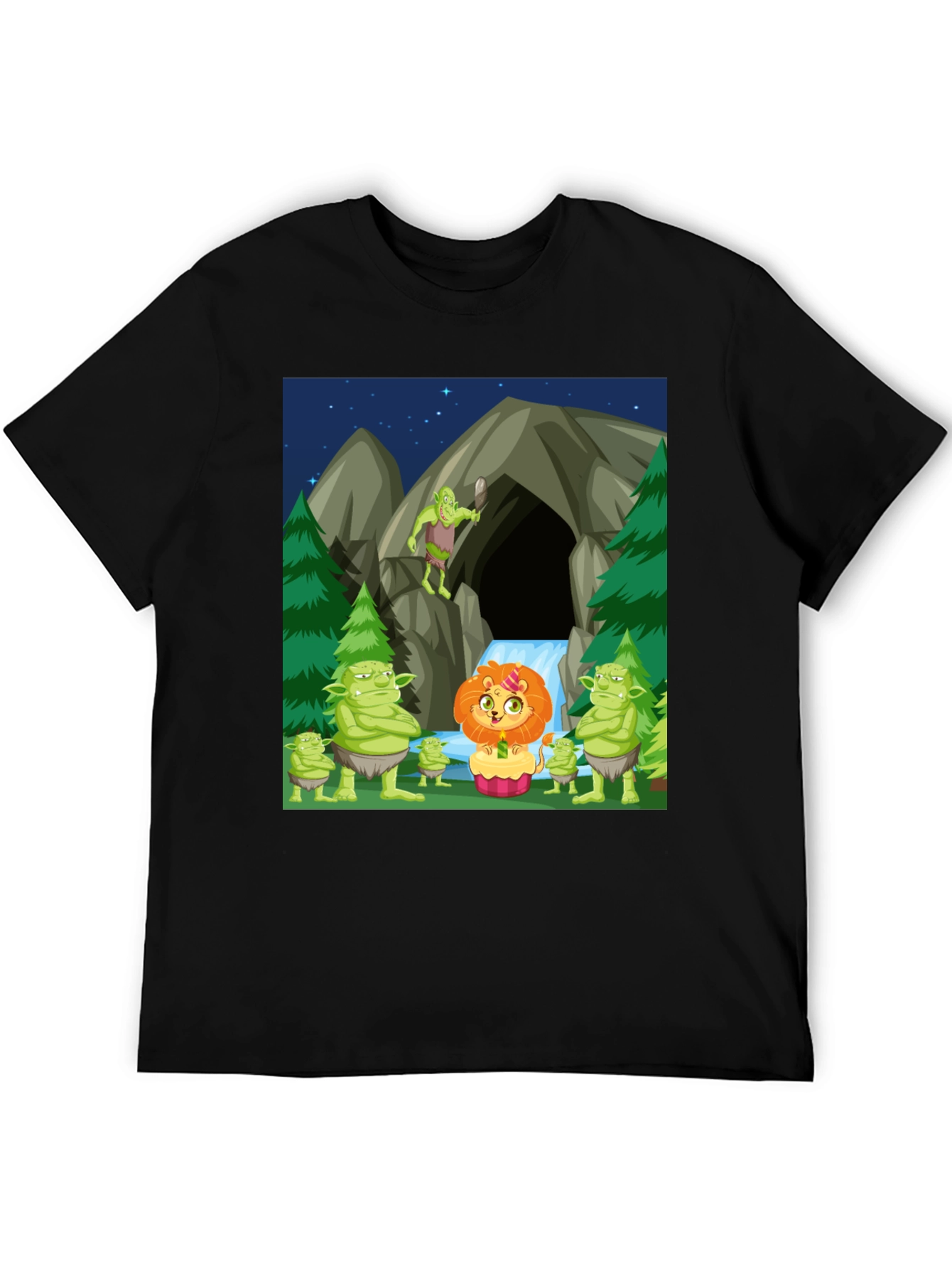 Cartoon Lion & Trolls Black T-Shirt