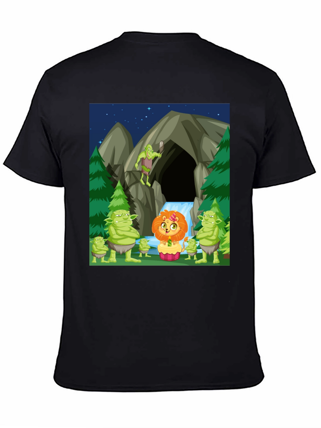 Cartoon Lion & Trolls Black T-Shirt