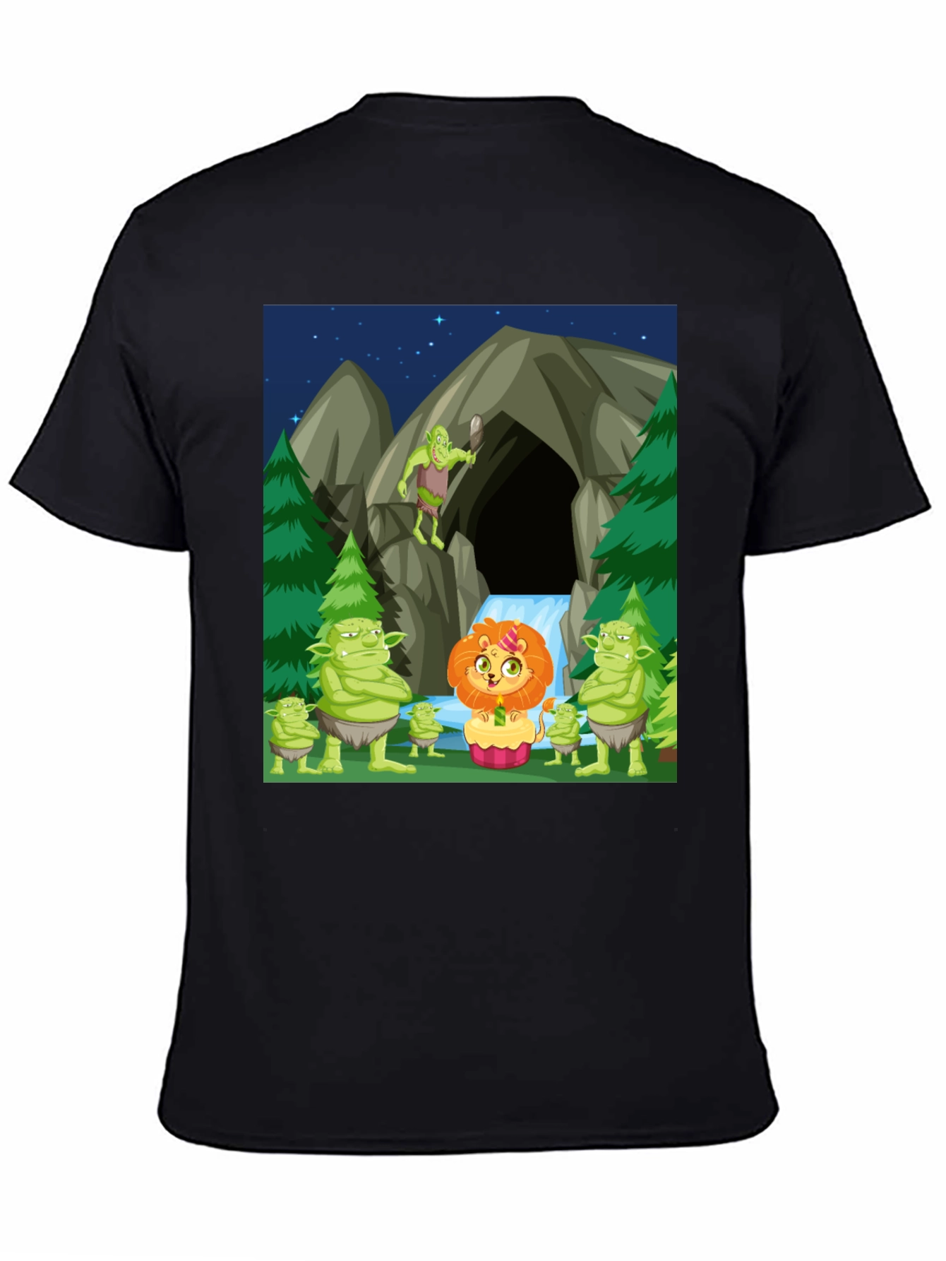 Cartoon Lion & Trolls Black T-Shirt