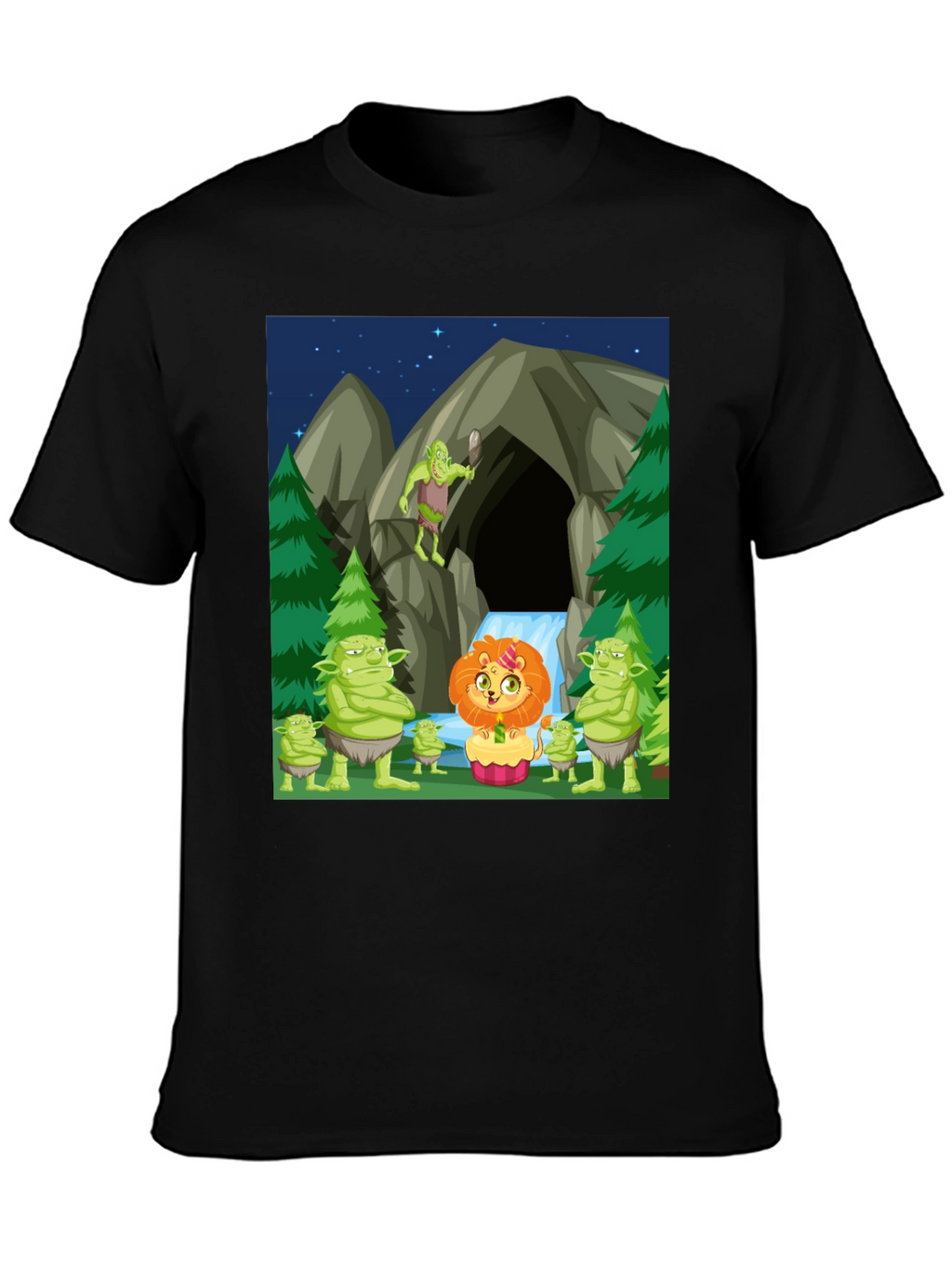 Cartoon Lion & Trolls Black T-Shirt