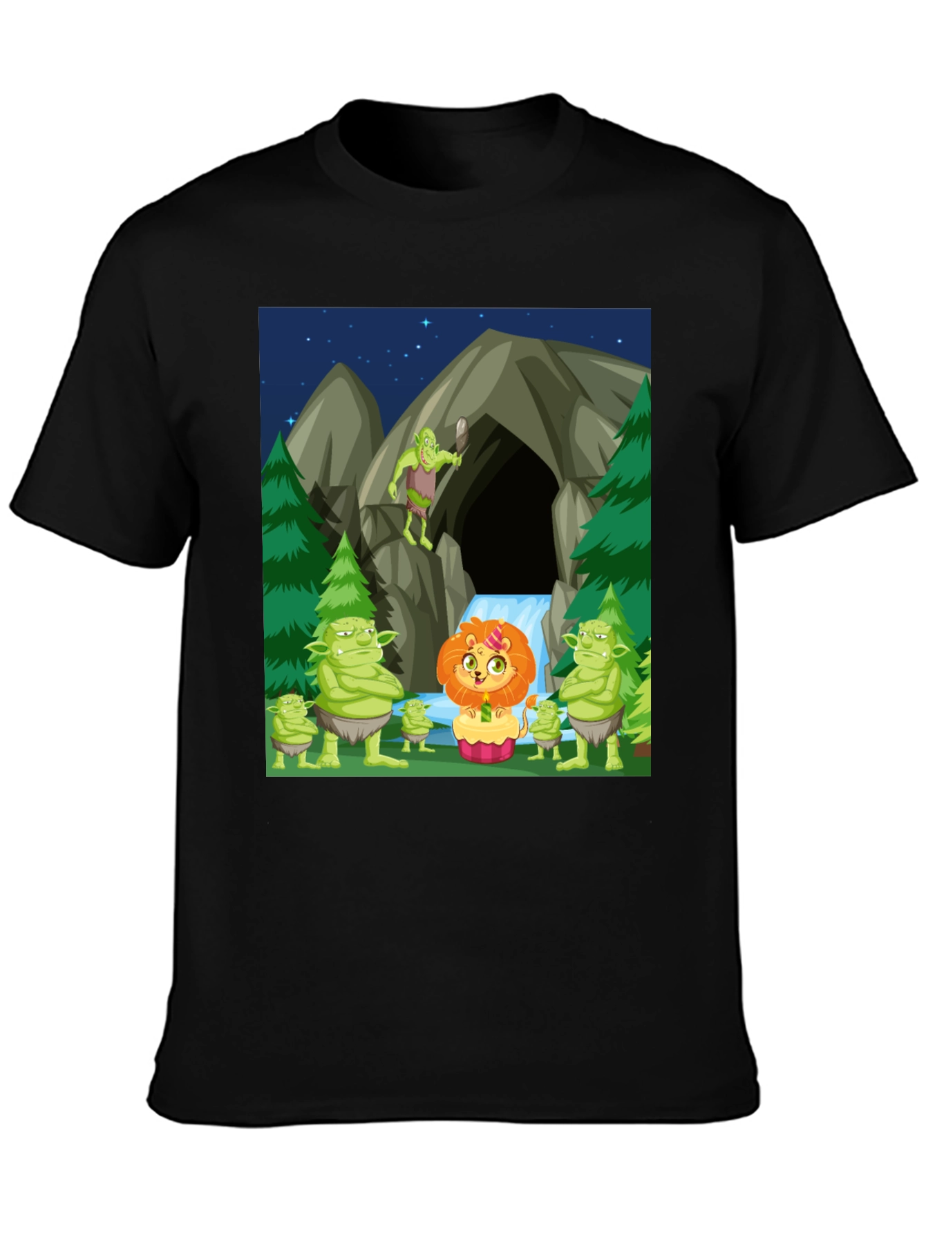Cartoon Lion & Trolls Black T-Shirt