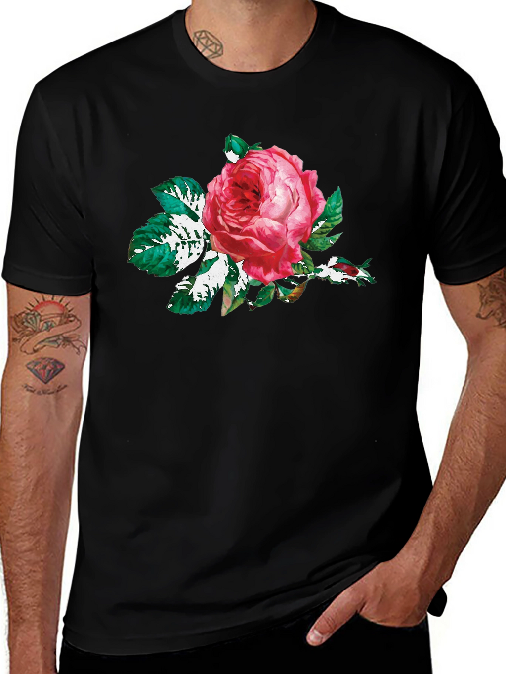 Black T-Shirt with Floral Rose Print