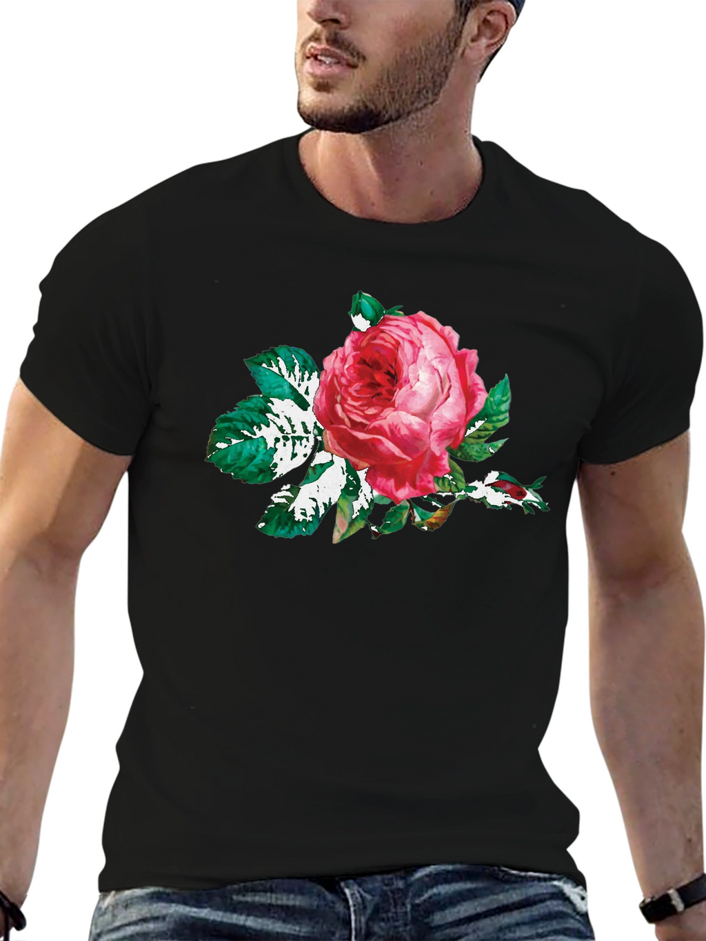 Black T-Shirt with Floral Rose Print