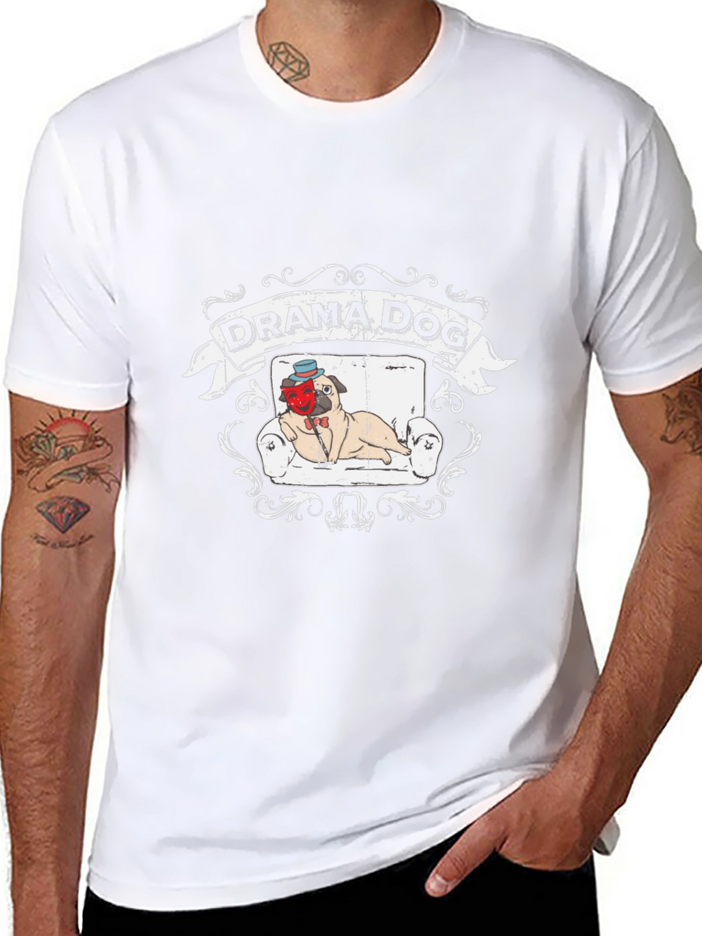 Drama Dog T-Shirt: Pug on Couch Theatrical Design