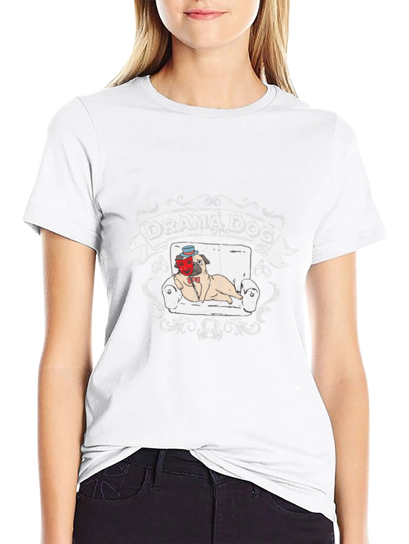 Drama Dog T-Shirt: Pug on Couch Theatrical Design