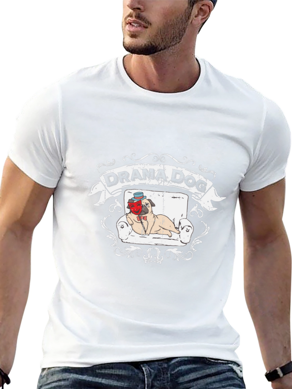Drama Dog T-Shirt: Pug on Couch Theatrical Design
