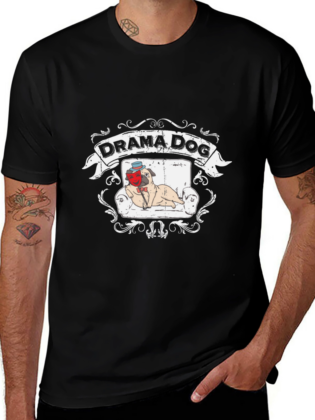 Drama Dog T-Shirt: Pug on Couch Theatrical Design