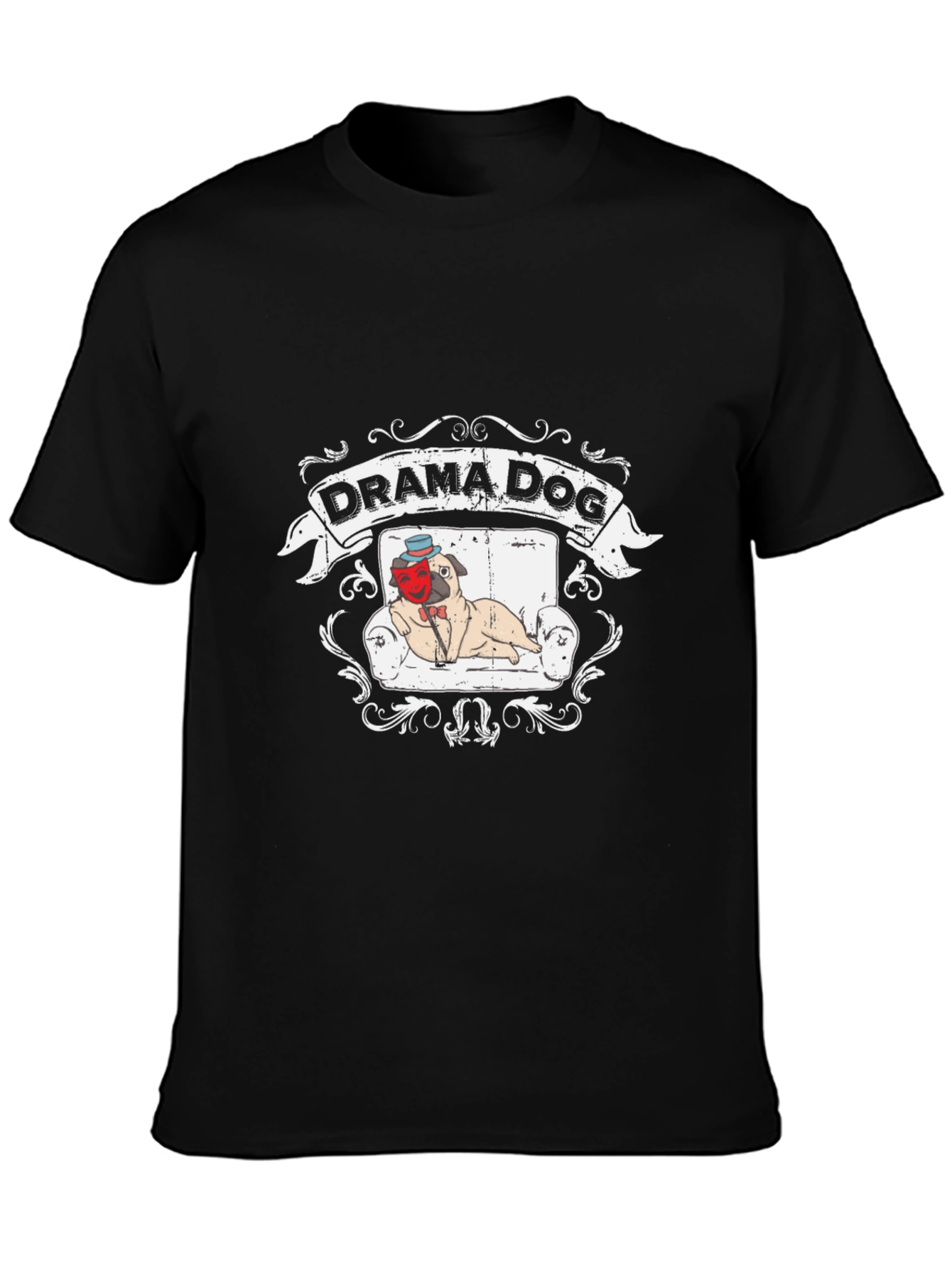 Drama Dog T-Shirt: Pug on Couch Theatrical Design
