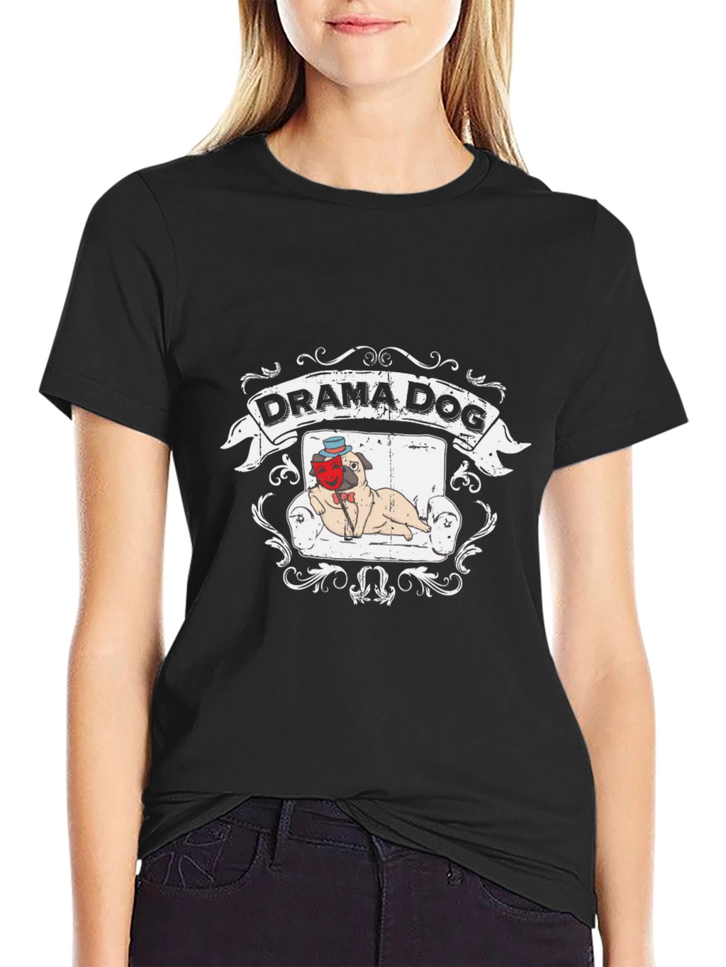 Drama Dog T-Shirt: Pug on Couch Theatrical Design