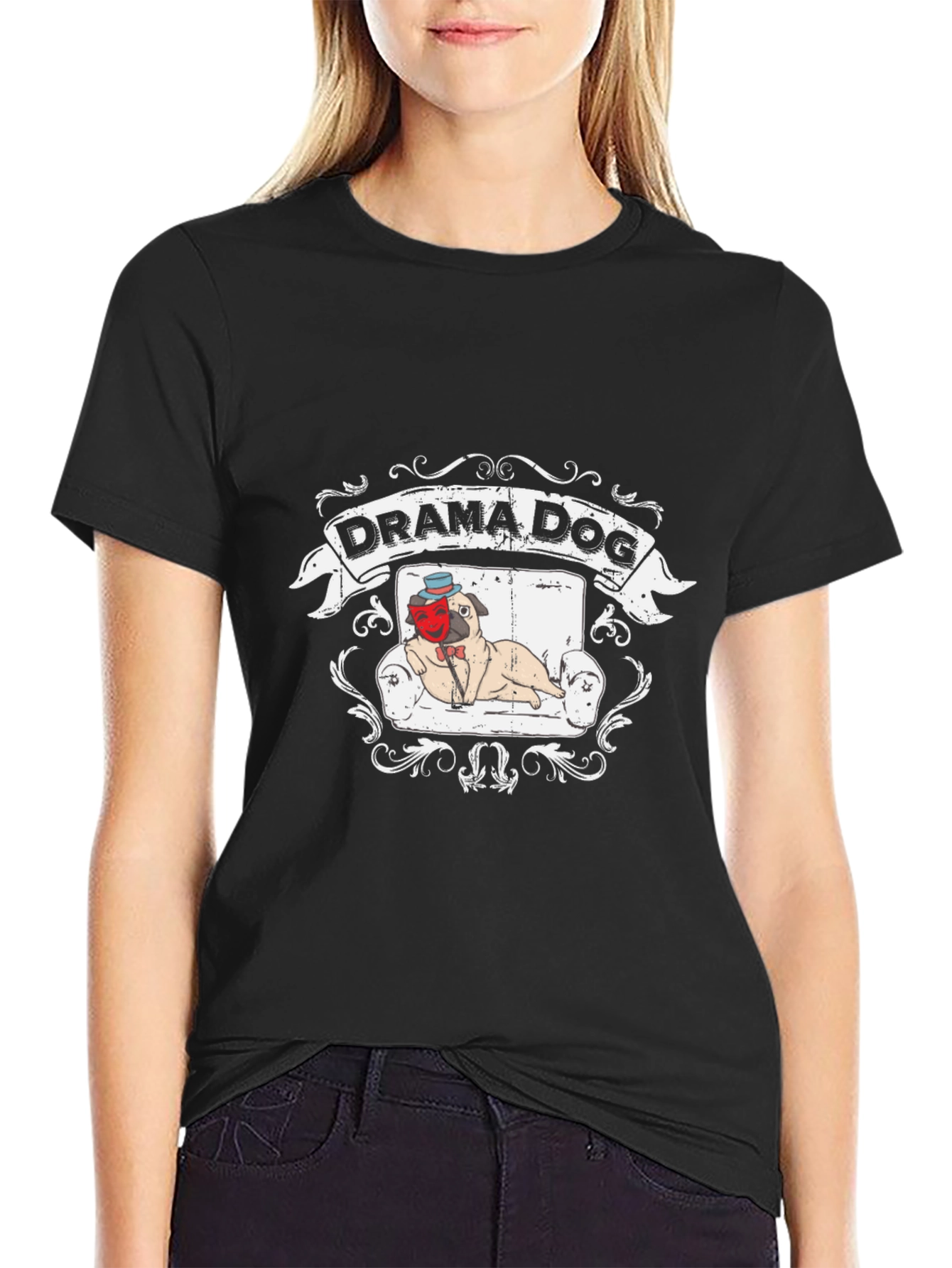 Drama Dog T-Shirt: Pug on Couch Theatrical Design