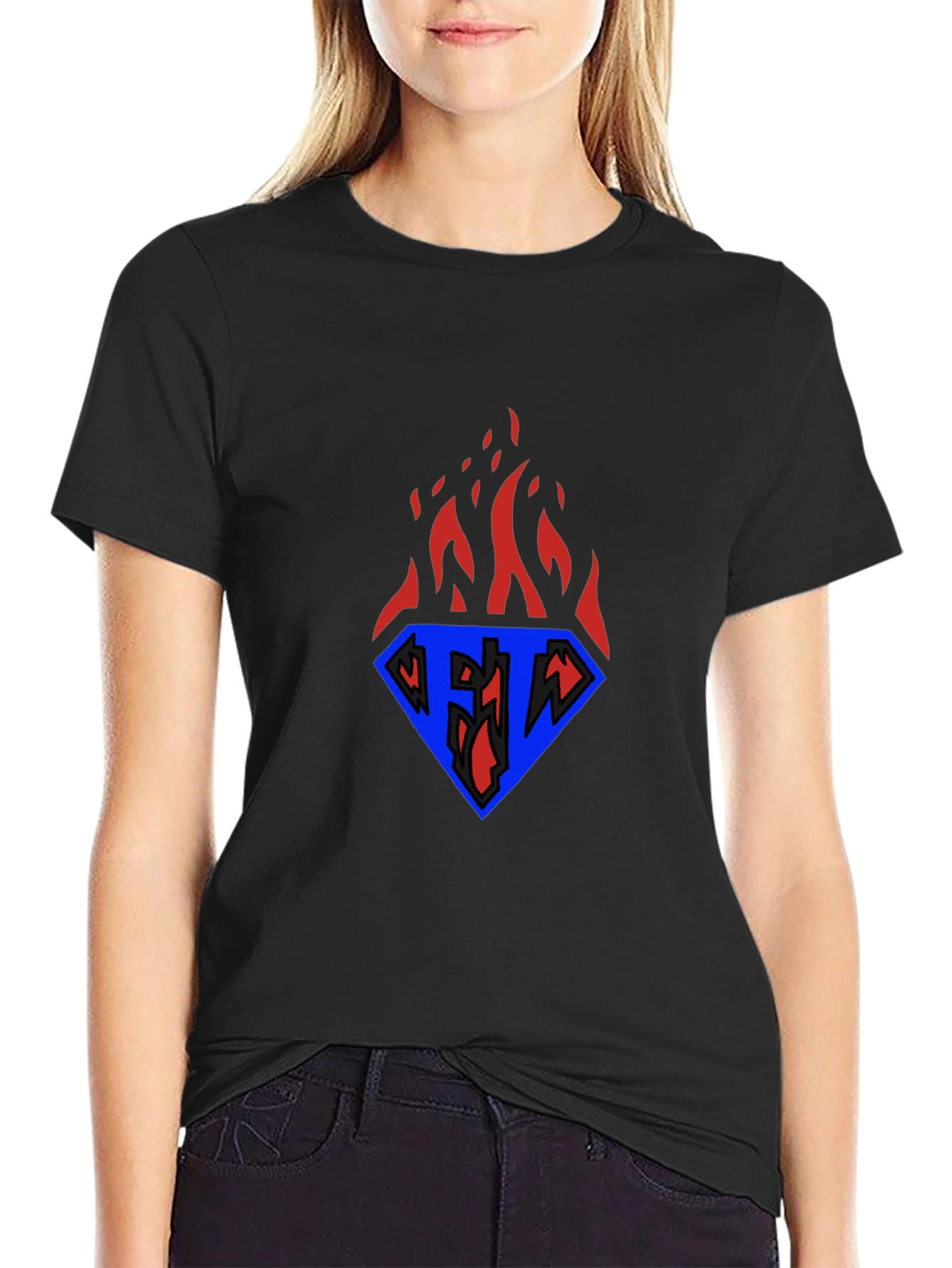 Flaming Diamond Graphic Tee - Black Casual T-Shirt