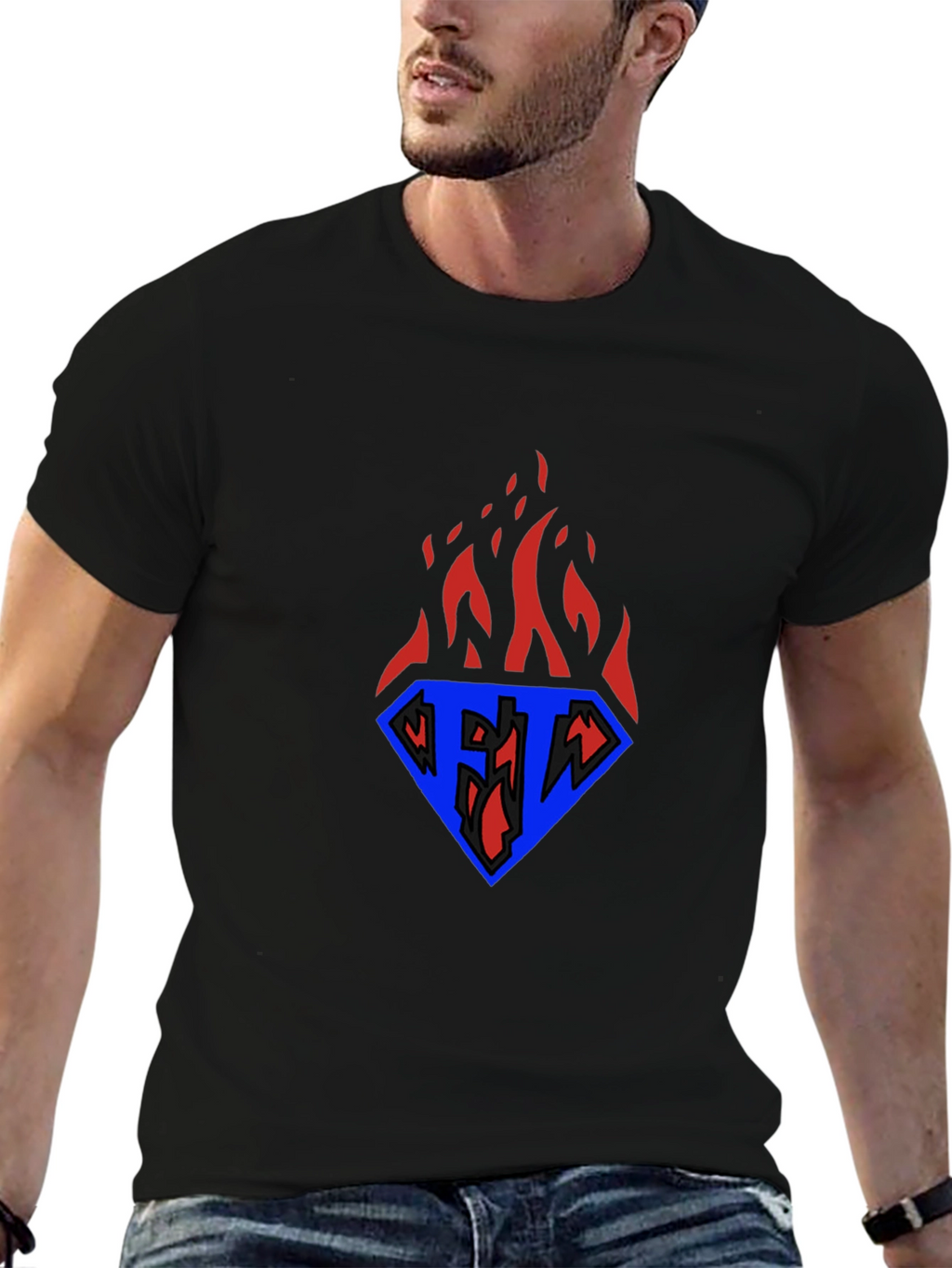 Flaming Diamond Graphic Tee - Black Casual T-Shirt