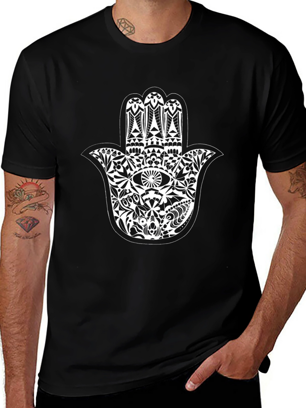 Black T-Shirt with Hamsa Hand Graphic Print