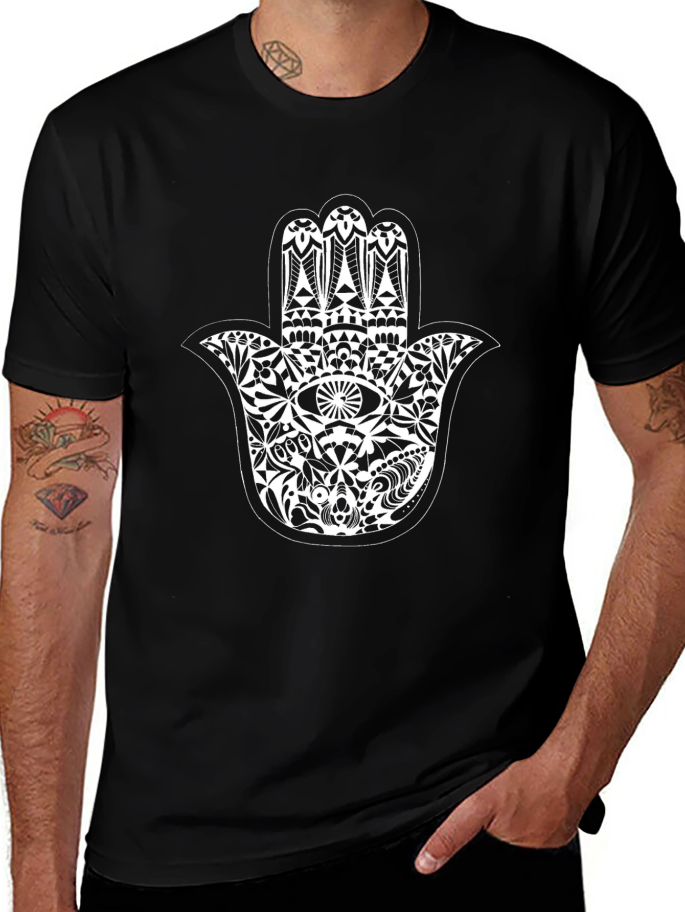 Black T-Shirt with Hamsa Hand Graphic Print